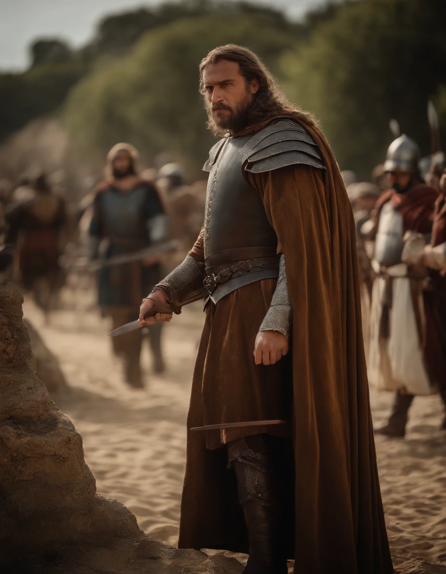 cinematic portrayal, parte superior do corpo, rosto, facing the audience, (realidade :1.3), uma das obras mais bonitas do mundo, A man looks at the camera, trajes medievais, (roupas velhas danificadas e desgastadas :1.4), rosto bonito detalhado, Action Shooting, Fundo antigo da cidade, fotos realistas, CG, Art Station
