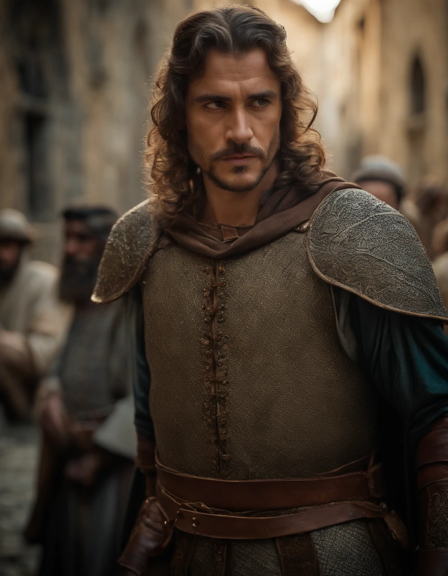 cinematic portrayal, parte superior do corpo, rosto, facing the audience, (realidade :1.3), uma das obras mais bonitas do mundo, A man looks at the camera, trajes medievais, (roupas velhas danificadas e desgastadas :1.4), rosto bonito detalhado, Action Shooting, Fundo antigo da cidade, fotos realistas, CG, Art Station