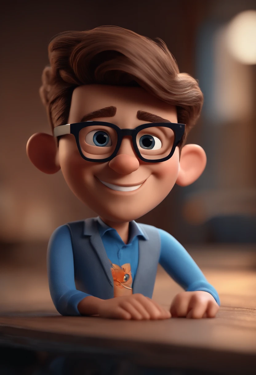 Cartoon character of a man with black glasses and a blue shirt, animation character, Caractere estilizado, animation style rendering, 3D estilizado, Arnold Maya render, 3 d render stylized, toon render keyshot, Personagem 3D, Personagem 3D, 3d rendering stylized, 3 d character render, personagem de desenho animado, Personagem de close up, Pose de personagem,  (Estilo Pixar) (master part:1.2) (Bokeh) (best quality) (pele detalhada) (textura detalhada) (8k) (argila) (Cinematic lighting) (foco nítido