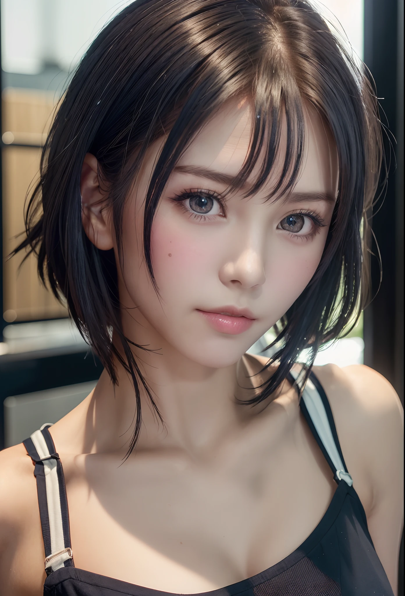 (masutepiece:1.3), (8K, Photorealistic, Raw photo, Best Quality: 1.4), (1girl in), Beautiful face, (Realistic face), (Black hair, Short hair:1.3), bikini of, Beautiful hairstyle, Realistic eyes, Beautiful detailed eyes, (Realistic skin), Beautiful skin, (Navy BL...