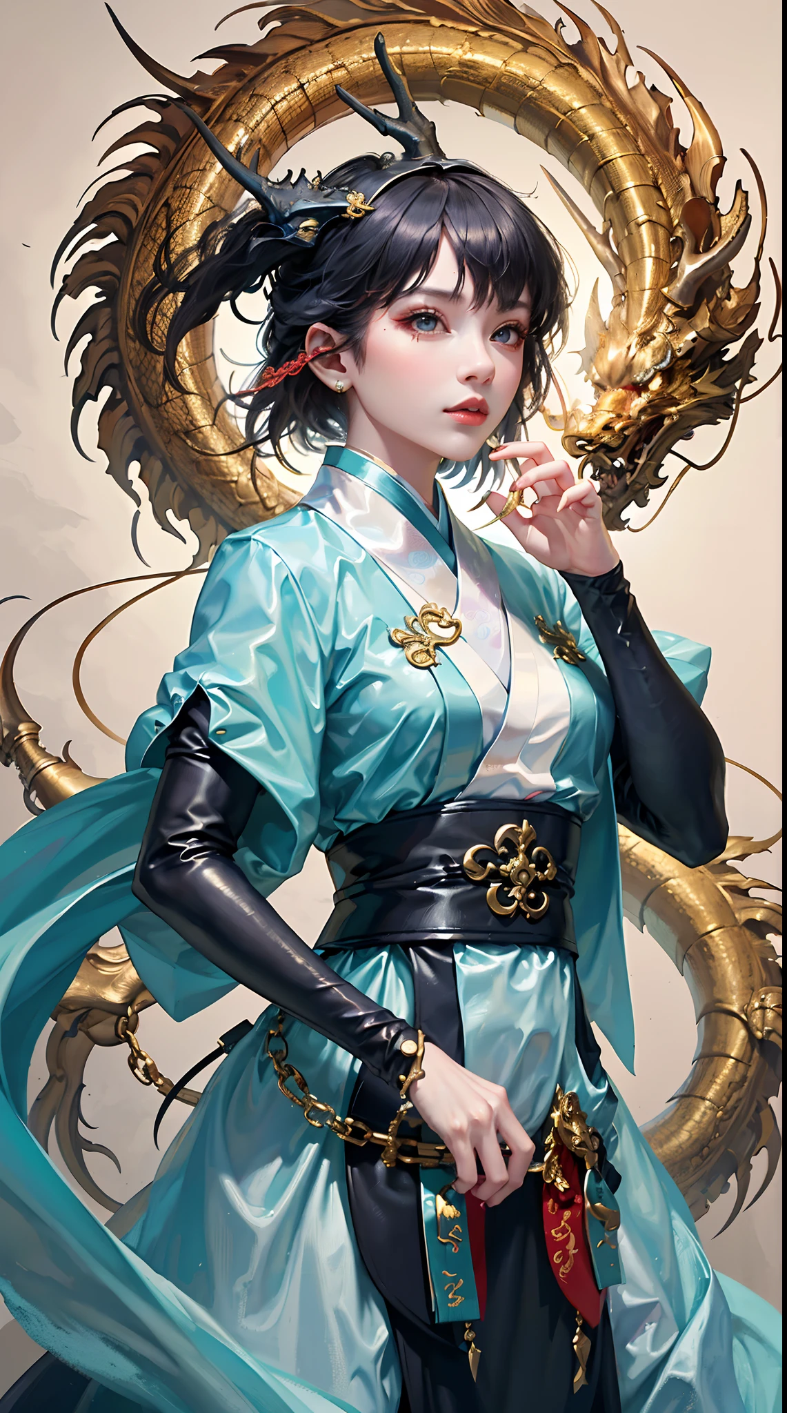 A Chinese dragon,Sharp gold teeth,offcial art, Wallpapers,Beauty and aesthetics,1girl,black color hair,chineseidol,flowy,vivd colour,OC,(Hanfu:1.5)。(dream magical:1.5)。(best qualityer,4K,tmasterpiece:1.2),(realisticlying:1.37)。