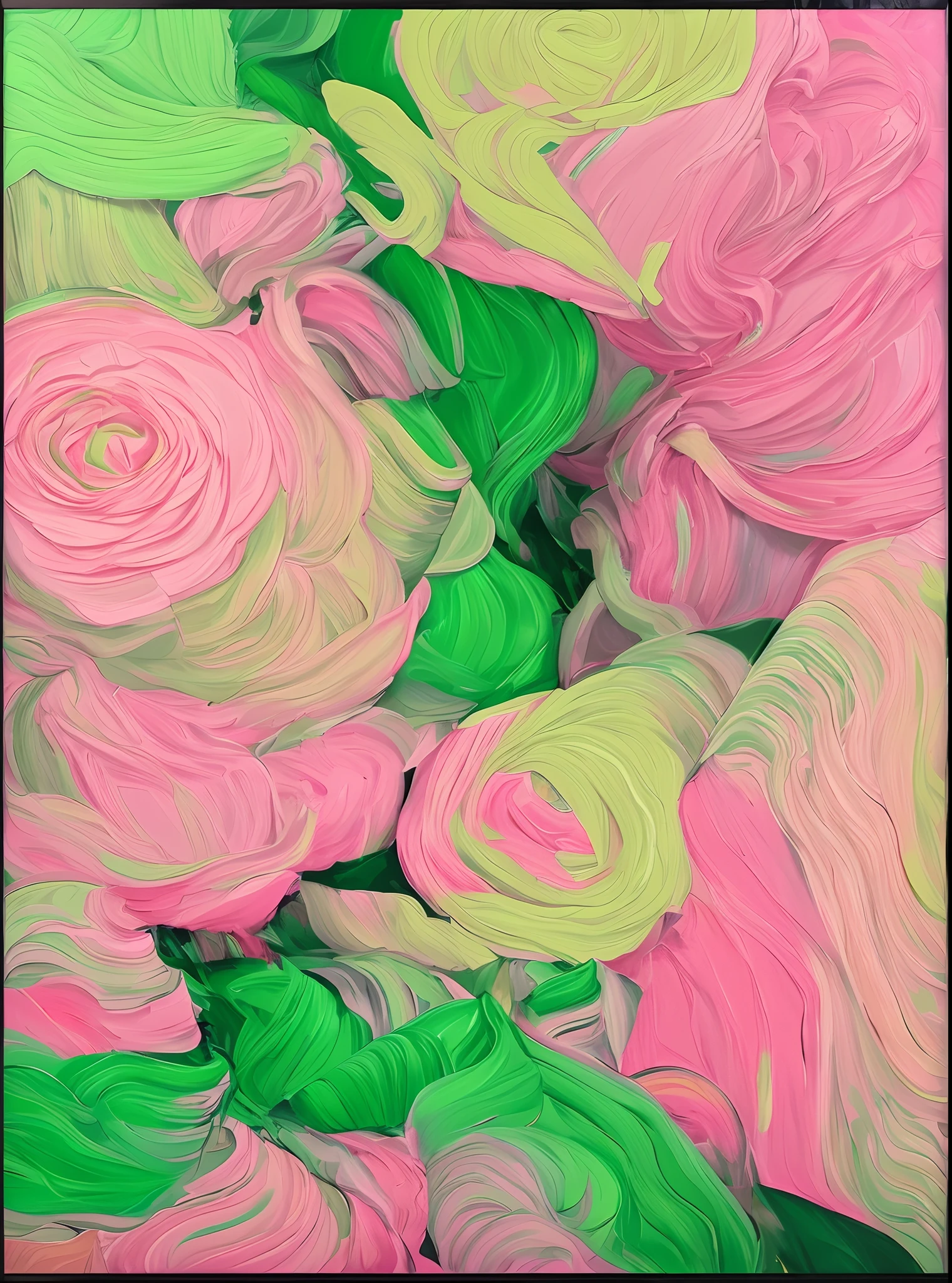 Painting of a green and pink flower in a black frame, draped in fleshy green and pink, Green & Pink, Pink & Green, Abstract painting. 8K, pink, White & Green, Red and green tones, green and red tones, Multi-layered impasto, Detailed soft painting, Abstract Smoky Roses, inspired by Yanjun Cheng, Green & Pink Color Palette
