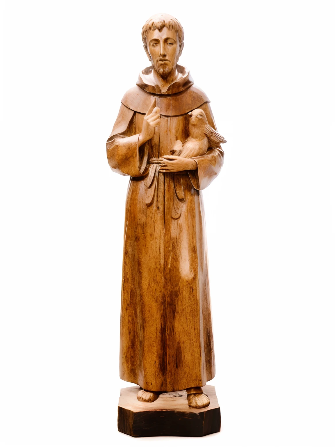 Statue of St. Francis of Assisi carved in wood, In the hands of the statue are two birds, foto realista, Kinematic lighting