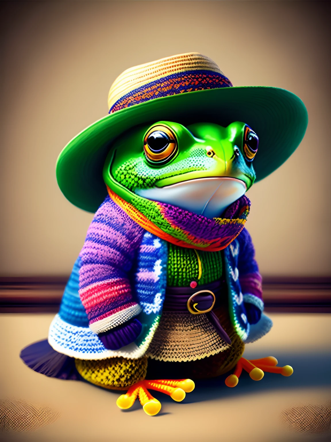Image of a frog in a panama hat and a silk scarf, Trends in the art station, dressed in a knitted dress, Ultra-realistic detail rendering, british gang member, urban style, intimidating pose, Planet of Frogs, trendy clothes, urban samurai, meow, west slavic traits, 8 1 5