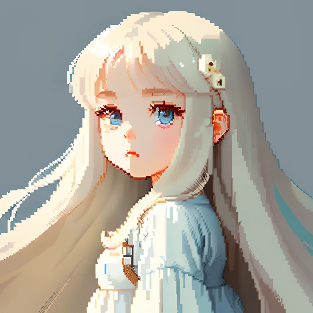 He wore light dull clothes in Gothic white and pale light blue、Girl with long hair in a dull beige color、Look back and look at this.、Pixel art、Pixel Art Illustration、pixels、Retro Game Style、Upper body、For icons、pixels_Art Book,Composition centered on the face、