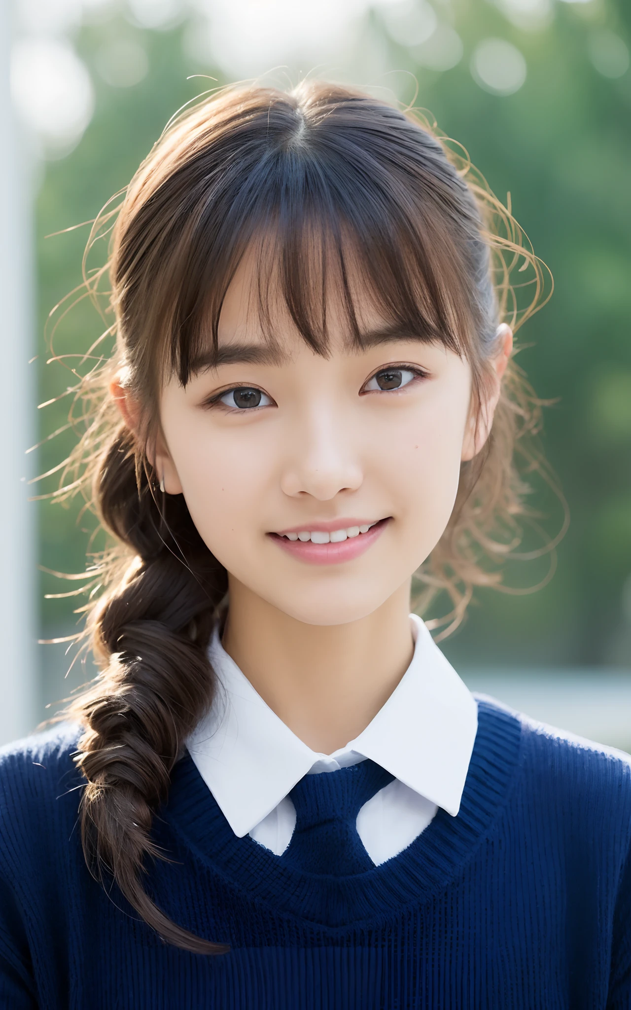 ((of the highest quality, 8K, masutepiece: 1.3)), Beauty, 1 Japan Girl, dark brown hair, , petite, Smile, Stand near the classroom window, from behind, looking back, surprised, brunt bangs, lower ponytail, Face Focus, Detailed face, very detailed lips, Detailed eyes, Double eyelids, Sweaty skin: 1.2, (((School uniform, dark blue sweater,)))