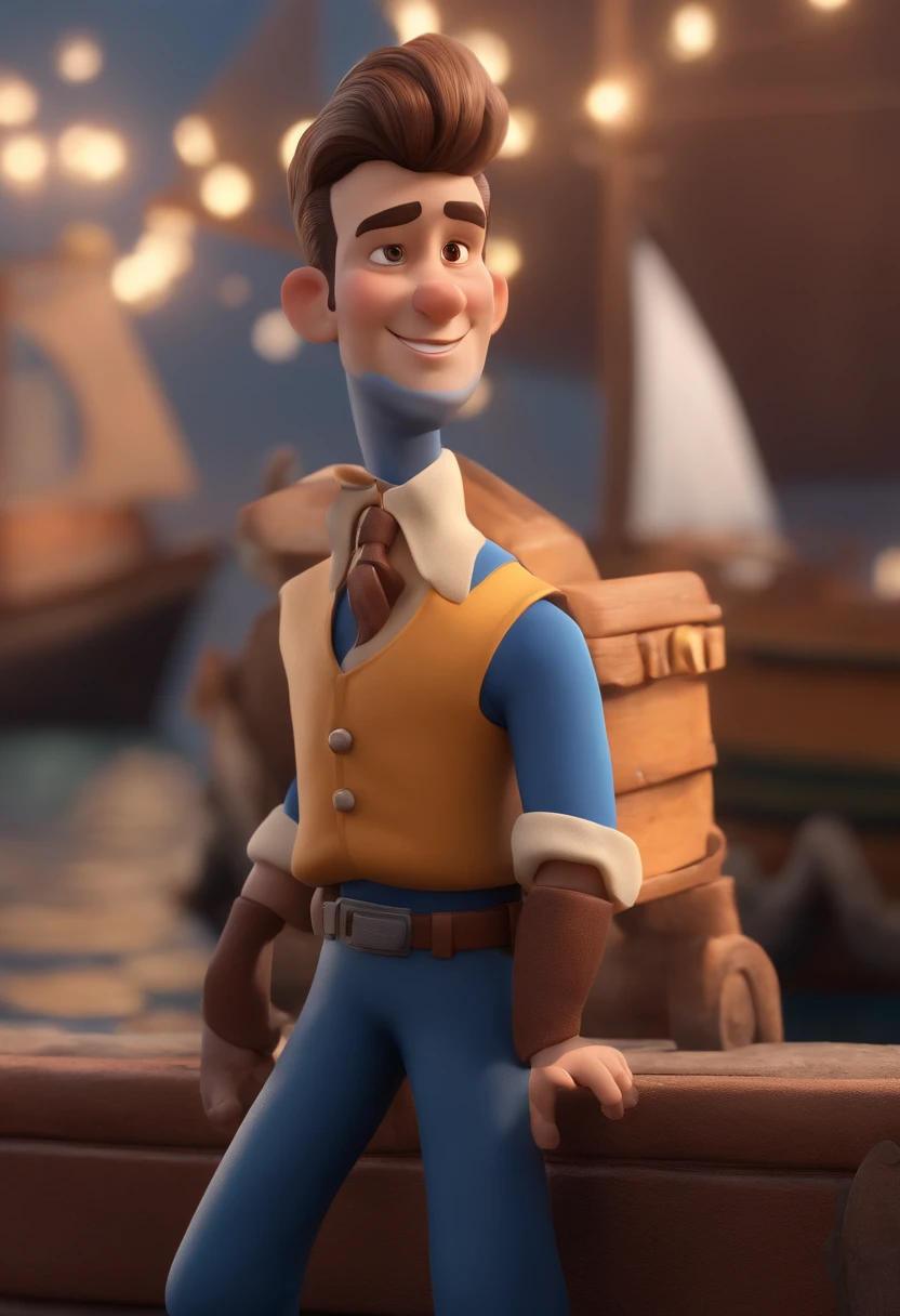 personagem dos desenhos animados de um homem moreno e uma camisa azul escrita Deck4, animation character, Caractere estilizado, animation style rendering, 3D estilizado, Arnold Maya render, 3 d render stylized, toon render keyshot, Personagem 3D, Personagem 3D, 3d rendering stylized, 3 d character render, personagem de desenho animado, Personagem de close up, Pose de personagem, (Estilo Pixar) (master part:1.2) (Bokeh) (best quality) (pele detalhada) (textura detalhada) (8k) (argila) (Cinematic lighting) Located in a harbor with several ships in the background, no mar.