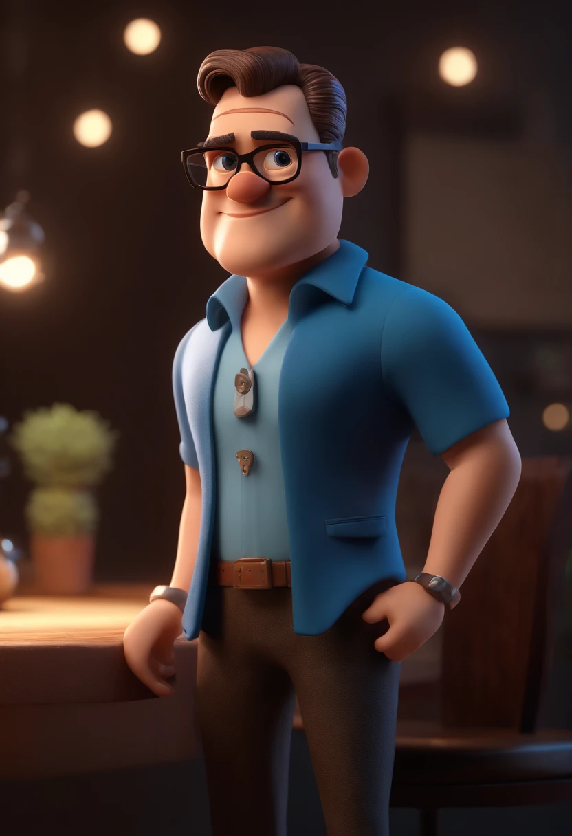 Cartoon character of a man with black glasses and a blue shirt, animation character, Caractere estilizado, animation style rendering, 3D estilizado, Arnold Maya render, 3 d render stylized, toon render keyshot, Personagem 3D, Personagem 3D, 3d rendering stylized, 3 d character render, personagem de desenho animado, Personagem de close up, Pose de personagem, (Estilo Pixar) (master part:1.2) (Bokeh) (best quality) (pele detalhada) (textura detalhada) (8k) (argila) (Cinematic lighting) (foco nítido