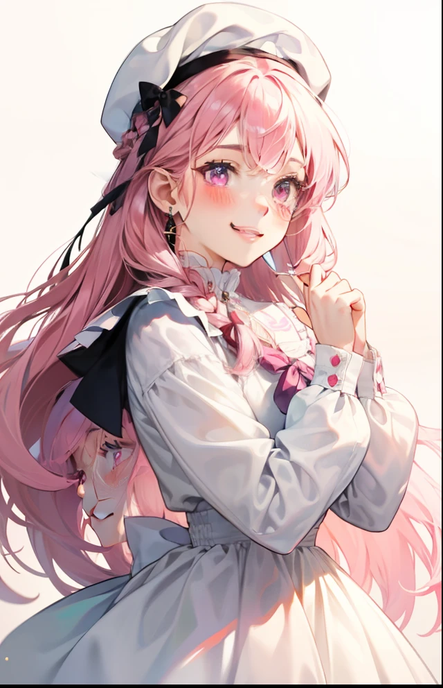 girl with、Background white、without background、Pink hair、Braiding、The long-haired、Pink eyes、with blush cheeks、Embarrassing、White Dress Long Sleeve、White cap、beret、frilld、bow ribbon、Smiling、kawaii、without background