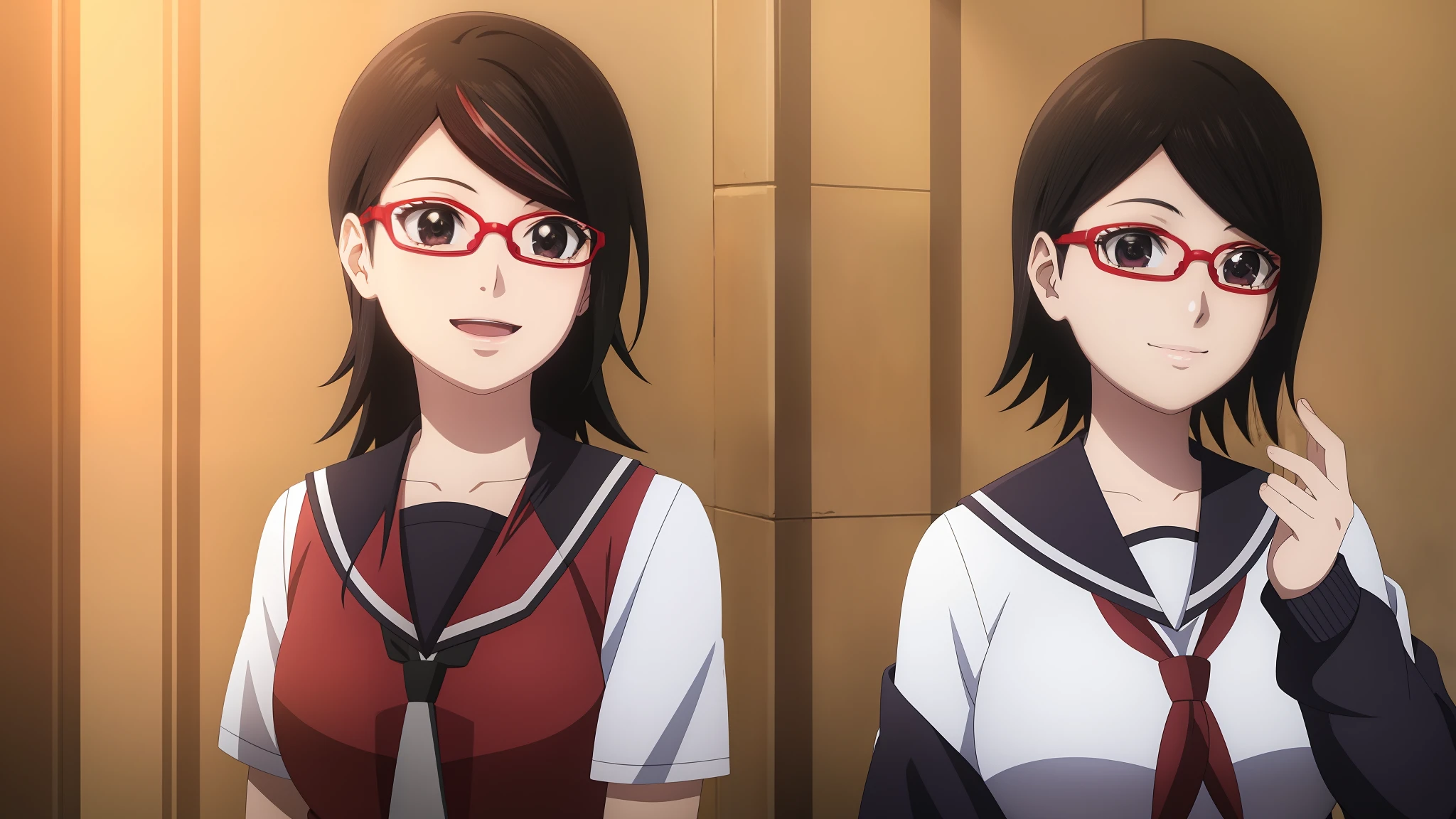 1girl, masterpice, high quality, best quality, good anime picture, misaki, ((school uniform)), ((serafuku)), glasses, twin braids, ((collar)), hair ornament, upper body, big breasts, dynamic light and shadows, smile, (adjusting eyewear:1.2), multicolor outfit, black hair, red suit