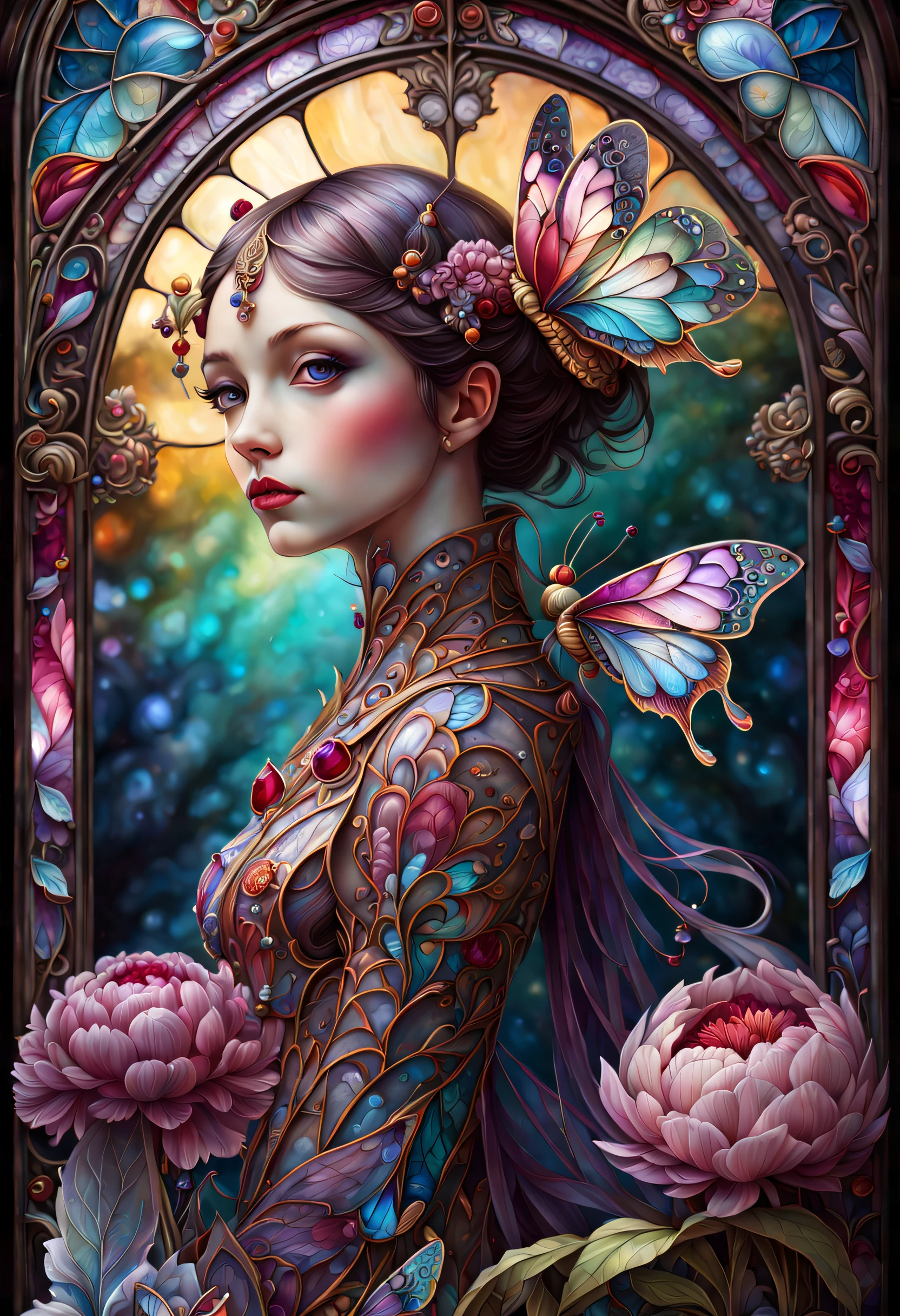 triadic colors, cinematic, official art, close fairytale transparent glass moth ruby peony flowers, ice hoarfrost, baroque, Craola, highly detailed stained glass wings, amethyst crystals, labradorite iridescent crystals, Andy Kehoe, John Blanche, complex highly detailed background, child book detailed illustration, fantasy, filigree, filigree detailed, intricated, cute