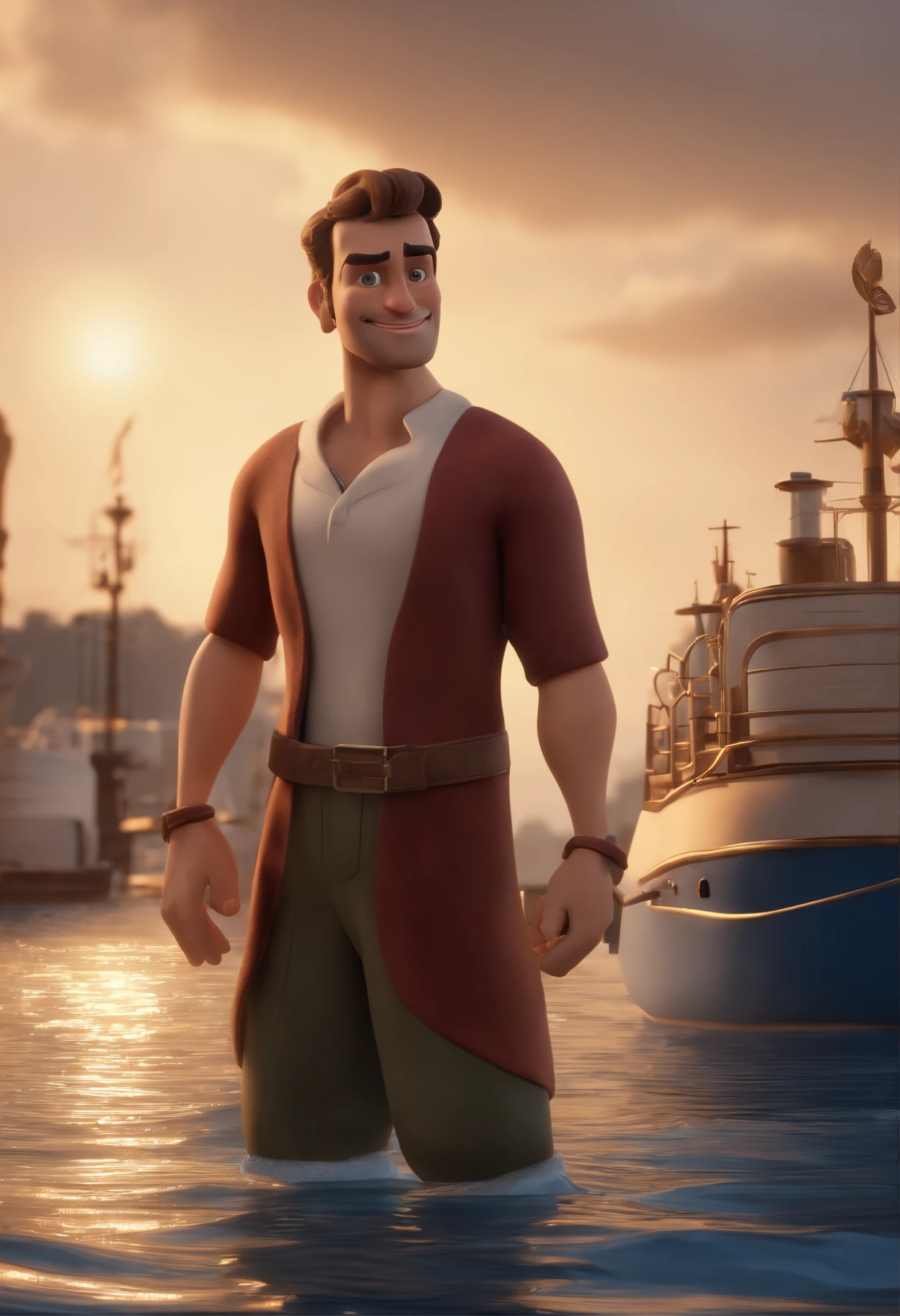 personagem dos desenhos animados de um homem moreno e uma camisa azul escrita Deck4, animation character, Caractere estilizado, animation style rendering, 3D estilizado, Arnold Maya render, 3 d render stylized, toon render keyshot, Personagem 3D, Personagem 3D, 3d rendering stylized, 3 d character render, personagem de desenho animado, Personagem de close up, Pose de personagem, (Estilo Pixar) (master part:1.2) (Bokeh) (best quality) (pele detalhada) (textura detalhada) (8k) (argila) (Cinematic lighting) Located in a harbor with several ships in the background, no mar.