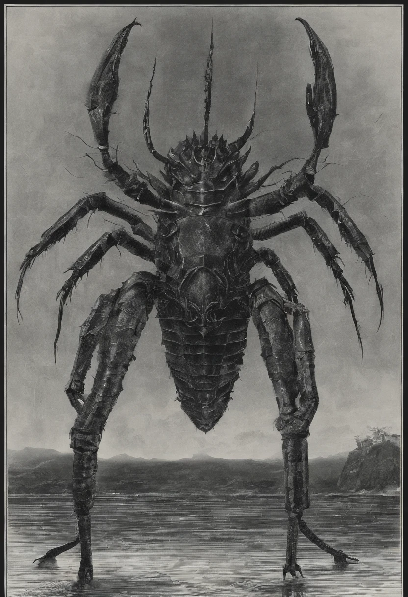 (A giant crab stood in the air in the fog, staring fiercely at a person asking for help),(a creature 5 meters tall:1.0),(Huge green eyes are unusually bright:1.37)(The thick legs of two giants stand on the reef) ,,(The shell of a giant crab is dark green),(goldtrim), (Dark blue wide oval abdomen), (The texture is very hard and thick shell), (There are a pair of large protruding compound eyes:0.8),(Unusually long and flexible antennae:1.1),(The length is about 1/3 The width of the crab's body:0.5) ,(On the top of the head there is a pair of small pliers),(Fresh fluff:0.8), giant ethereal creature,The texture is clear,
(The helpless pray for help:1.37),(People who ask for help:1.37),Cancer salvation praying
background:nebulous sky,(rough sea),(Greatwave),Recife,(salama:1.1), 真实感,Epic,ultraclear,afterimage, Dutch angle, From below, Sony FE GM, Chiaroscuro, Blurry, hyper HD, Masterpiece, Textured skin, Super detail, High details, High quality, Award-Awarded, Best quality, A high resolution, 8K,Epic,sci-fy,Futuristic fantasy,cotw,punk,mechs,