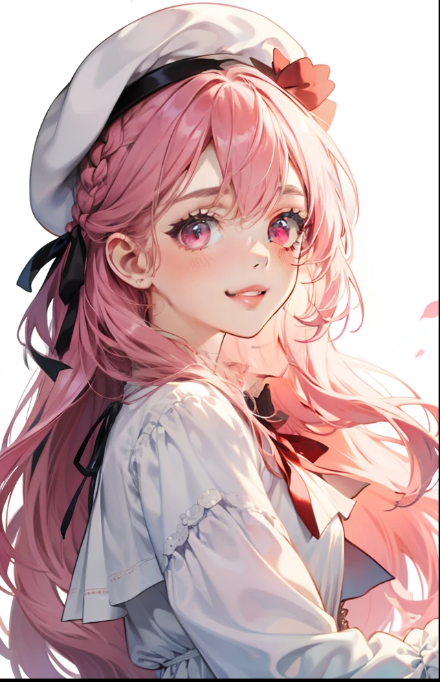 girl with、Background white、without background、Pink hair、Braiding、The long-haired、Pink eyes、with blush cheeks、Embarrassing、White Dress Long Sleeve、White cap、beret、frilld、bow ribbon、Smiling、kawaii、without background