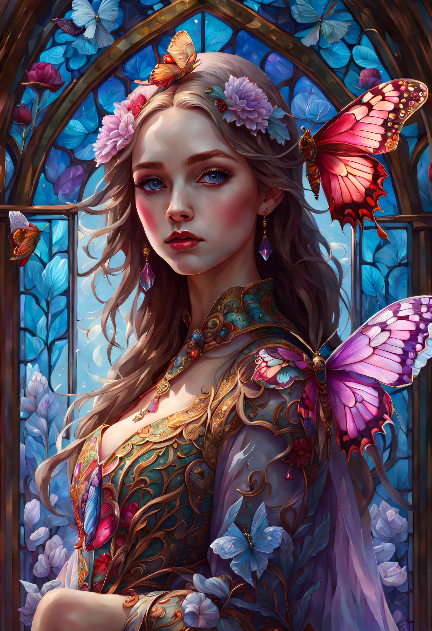 1girl, beautiful european girl 22 yo, triadic colors, cinematic, official art, close fairytale transparent glass moth ruby peony flowers, ice hoarfrost, baroque, Craola, highly detailed stained glass wings, amethyst crystals, labradorite iridescent crystals, Andy Kehoe, John Blanche, complex highly detailed background, book detailed illustration, fantasy, filigree, filigree detailed, intricated, cute