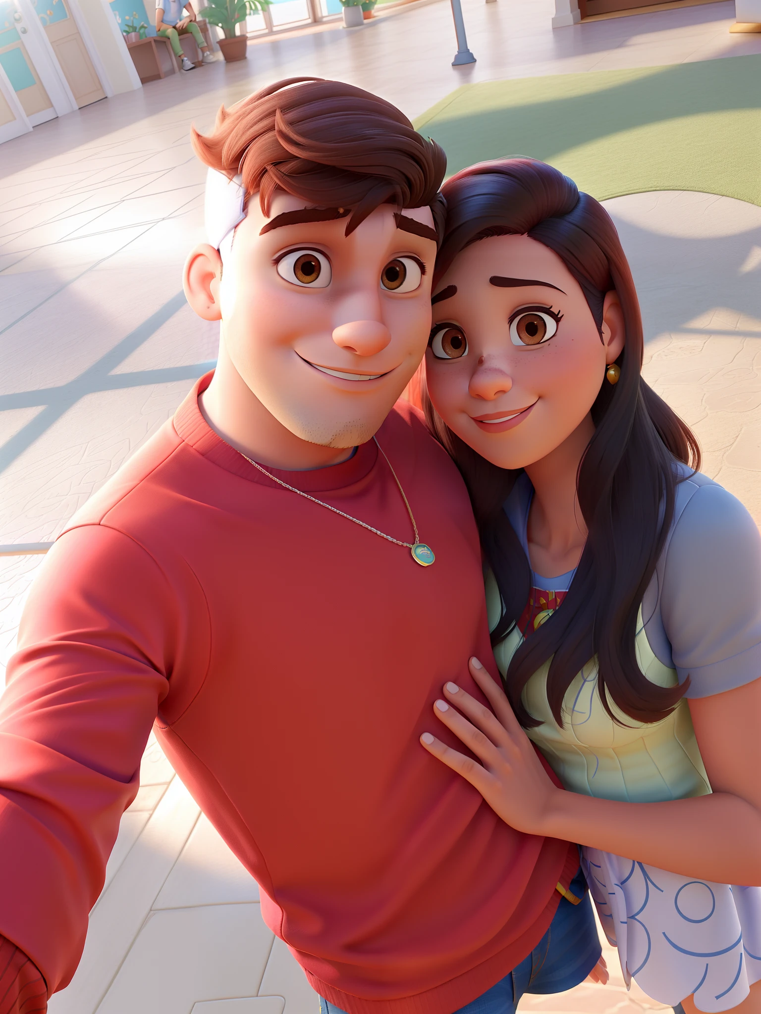 Casal (homem moreno e mulher morena) no estilo Disney Pixar, alta qualidade, melhor qualidade.