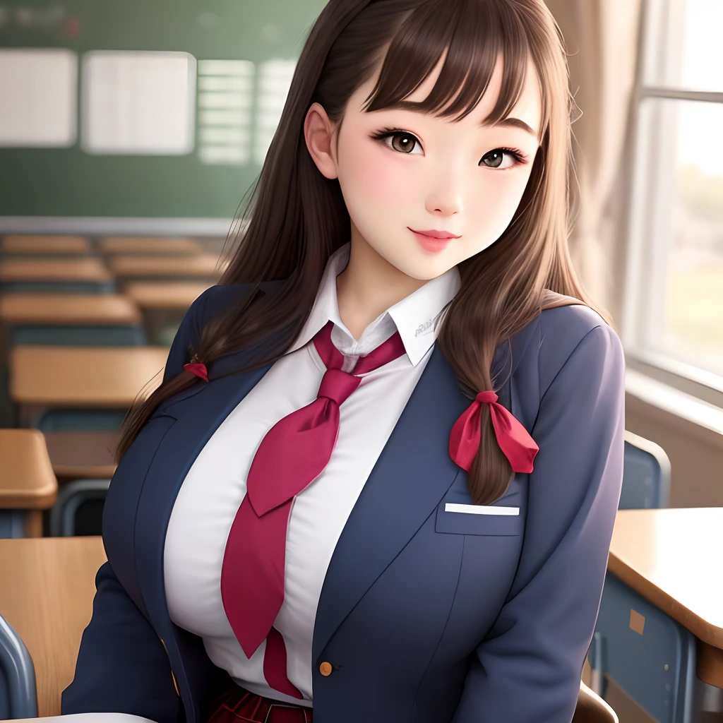 ((8K,RAW Photos,top Quority,tmasterpiece),HD RAW Color Photo Professional Close-up Photo,(realisticlying,realisticlying:1.37),(top-quality),(Best Shadow),(Most Best Illustration),鎖骨((The large)),((,Raised sexy,超A high resolution,High-definition CG unity 8K wallpapers,physically-based renderingt,cinmatic lighting),(aegyo sal:1),a 18 year old girl,(grey blazer,bow ribbon,sockes,High School Uniforms:1.2),High School Classroom, beatiful detailed eyes,Light on the Face,((full body shot shot:1.2)),Particularly bright light,(Upper eye,Grinning smile:1.2),shiny skins,(((brunette color hair,Bob Hair:1.2))),(thick thight),ulzzang -6500-v1.1:0.2,is shy,(flash lights:1.2),NSFW,(puffynipple),((sexy pose:1.2,big breasts enchanting:1.2)),(idle),(Sit at a desk in the classroom:1.2)),((Good anatomy:1.2)),((Bright and refreshing classroom,the background is blurred: 1.2)),face perfect,cute face,(high-angle shot:1.2)
