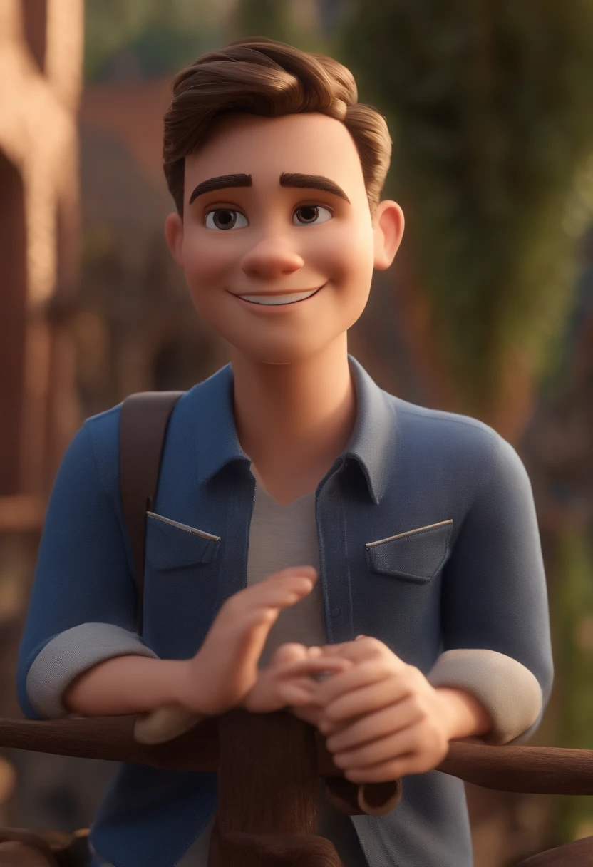 Garoto, estilo disney, tom de pele: claro:  Cabelo: marrom escuro, liso, curto, penteado para o lado direito. camisa: social, Cor azul. Fundo: Gray and white gradient,Comemorando, Hands raised, sorrindo, feliz, (estilo pixar) (obra-prima:1.2) (bokeh) (melhor qualidade) (pele detalhada) (textura detalhada) (8k) (claymation) (cinematic lighthing) (foco nítido