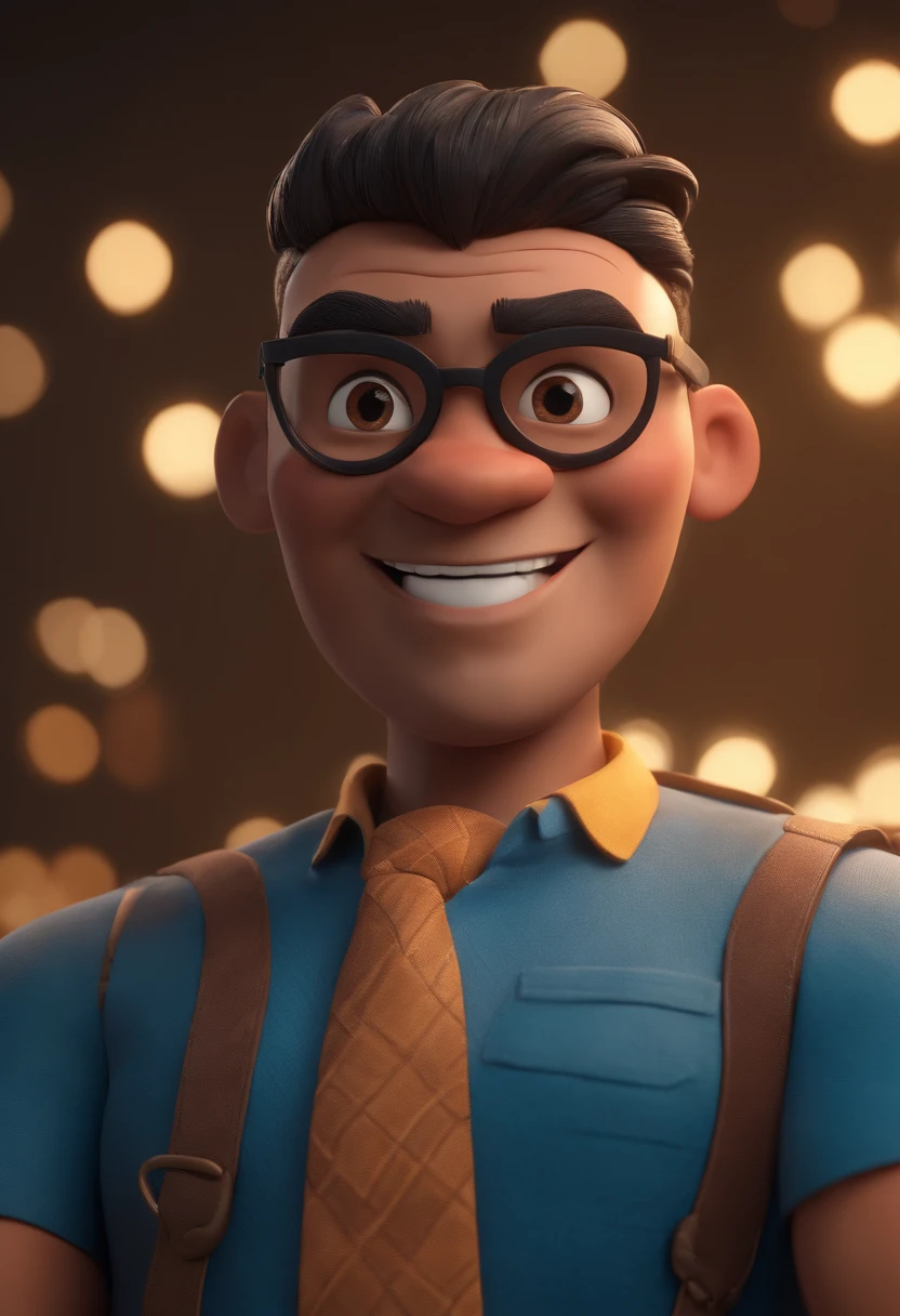 Cartoon character of a man wearing black glasses and a blue shirt, um personagem animado, Caractere estilizado, animation style rendering, 3D estilizado, Arnold Maya render, 3 d render stylized, toon render keyshot, Personagem 3D, Personagem 3D, 3d rendering stylized, 3 d character render, personagem de desenho animado, Personagem de close up, Pose de personagem, (Estilo Pixar) (master part:1.2) (Bokeh) (best quality) (pele detalhada) (textura detalhada) (8k) (argila) (Cinematic lighting) (foco nítido,Senta e vaza a parte superior do corpo
