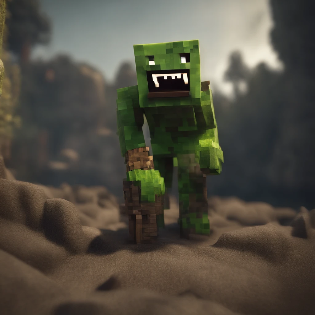 A Minecraft creeper that is very tall and is eating a Minecraft player but the player is fighting The creeper