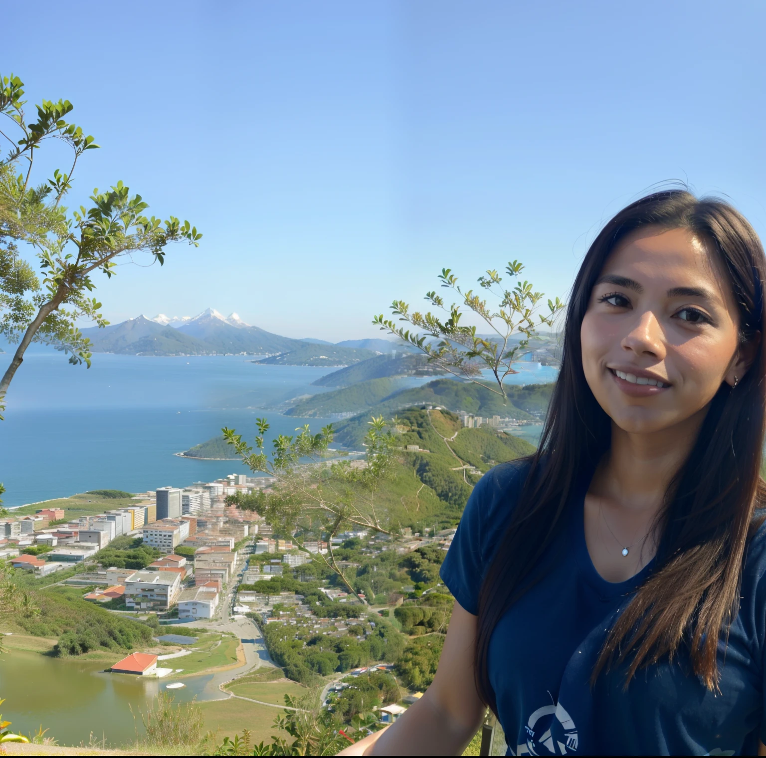 Woman standing in front of a view of a city and a body of water, com montanhas no fundo, com montanhas ao fundo, Moutain no fundo, com montanhas como pano de fundo, em frente a uma montanha, Selvas ao fundo, com uma cidade em segundo plano, paradise in the background, com a terra ao fundo, no topo de uma montanha