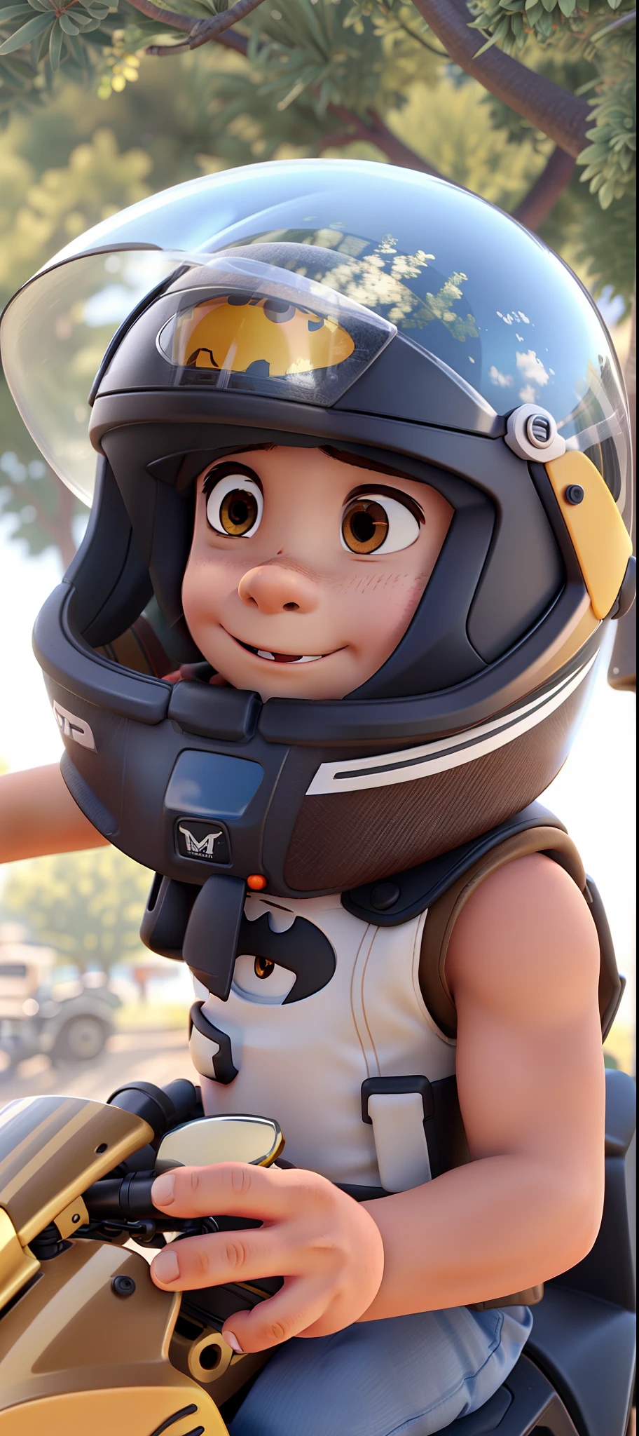 a little boy brown on a motorcycle, using a helmet and Batman t-shirt, high quality Disney Pixar style photo