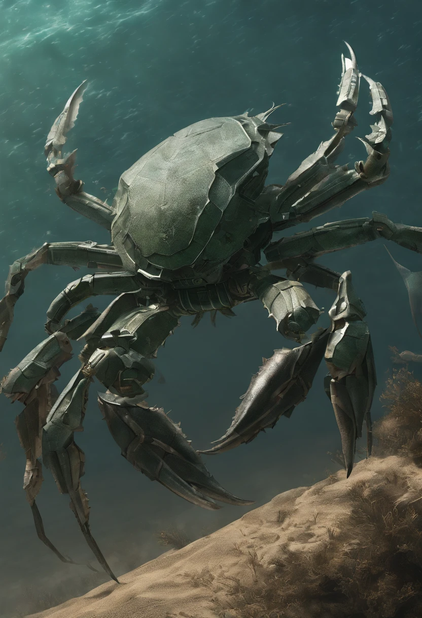 (A giant crab stood in the air in the fog, staring fiercely at a person asking for help),(a creature 5 meters tall:1.0),(Huge green eyes are unusually bright:1.37)(The thick legs of two giants stand on the reef) ,,(The shell of a giant crab is dark green),(goldtrim), (Dark blue wide oval abdomen), (The texture is very hard and thick shell), (There are a pair of large protruding compound eyes:0.8),(Unusually long and flexible antennae:1.1),(The length is about 1/3 The width of the crab's body:0.5) ,(On the top of the head there is a pair of small pliers),(Fresh fluff:0.8), giant ethereal creature,The texture is clear, (The helpless pray for help:1.37),(People who ask for help:1.37),Background to Cancer Salvation Prayer:nebulous sky,(rough sea),(Greatwave),Recife,(salama:1.1), 真实感,Epic,ultraclear,afterimage, Dutch angle, From below, Sony FE GM, Chiaroscuro, Blurry, hyper HD, Masterpiece, Textured skin, Super detail, High details, High quality, Award-Awarded, Best quality, A high resolution, 8K,Epic,sci-fy,Futuristic fantasy,cotw,punk,mechs,