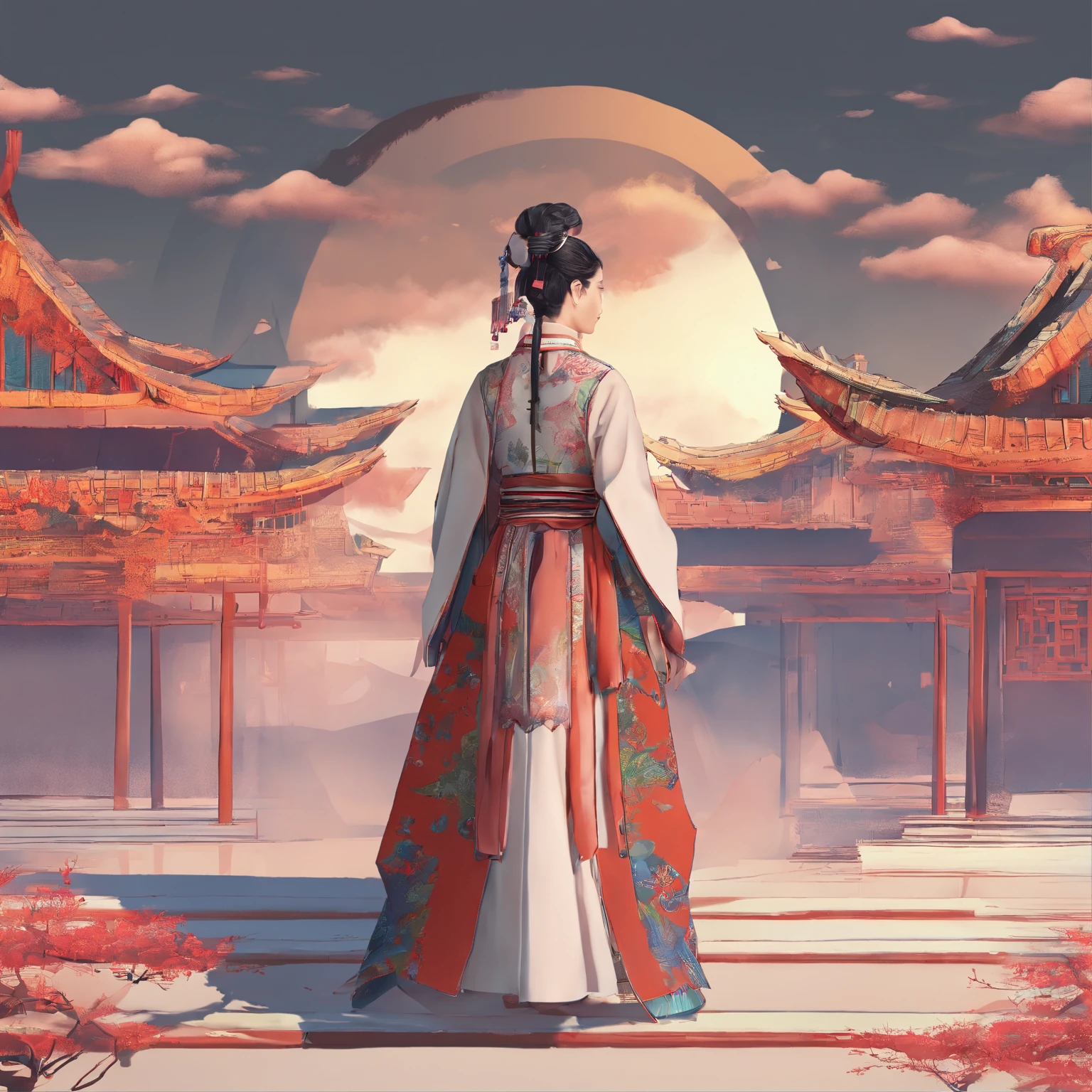 (((Best quality))),(((Ultra detailed))),(((Masterpiece))),illustration,1人,1womanl,swordsman,warrioress,Traditional Chinese clothing,standing,Ink style,Martial arts,Pose,Rooftop,Moonlight,Night,Background,Ancient Chinese architecture,misty mountains,Silhouette,Serenity --AR 16:9