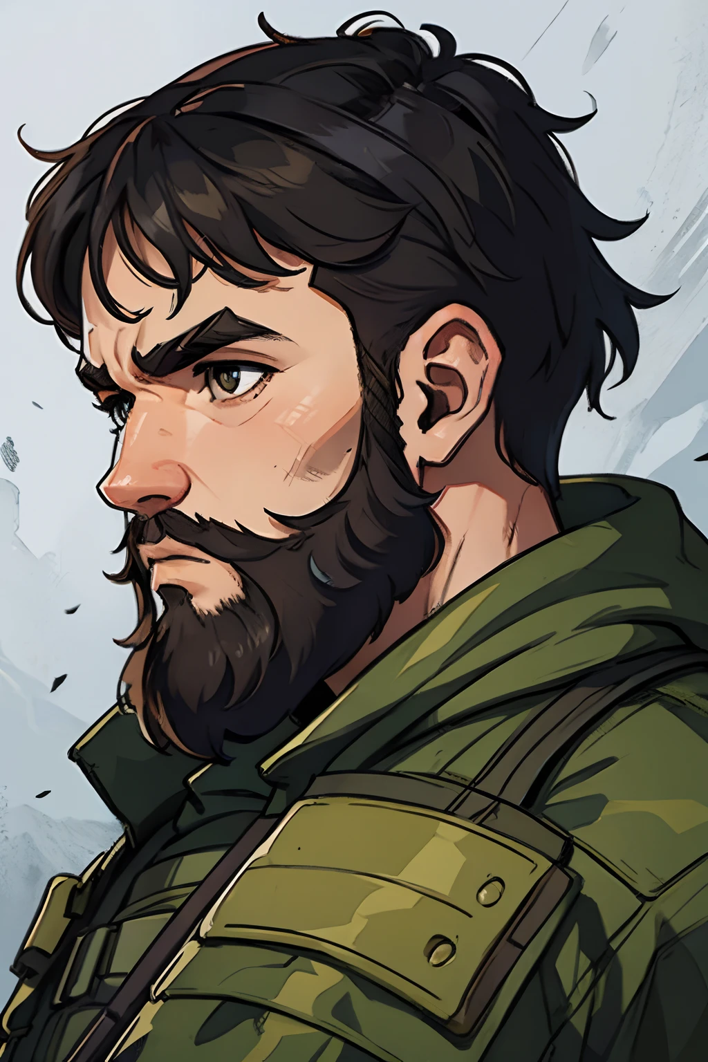 Homem forte com equipamento militar, cabelos e barba loiros, estilo de arte call of duty, guerra, counter-strike