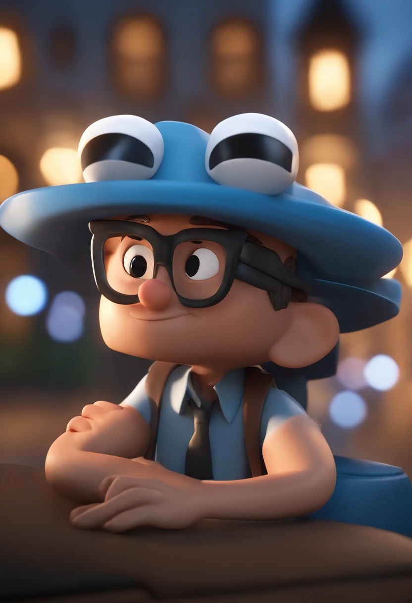 Cartoon character of a man wearing black glasses and a blue shirt, um personagem animado, Caractere estilizado, animation style rendering, 3D estilizado, Arnold Maya render, 3 d render stylized, toon render keyshot, Personagem 3D, Personagem 3D, 3d rendering stylized, 3 d character render, personagem de desenho animado, Personagem de close up, Pose de personagem, (Estilo Pixar) (master part:1.2) (Bokeh) (best quality) (pele detalhada) (textura detalhada) (8k) (argila) (Cinematic lighting) (foco nítido，Senta e vaza a parte superior do corpo