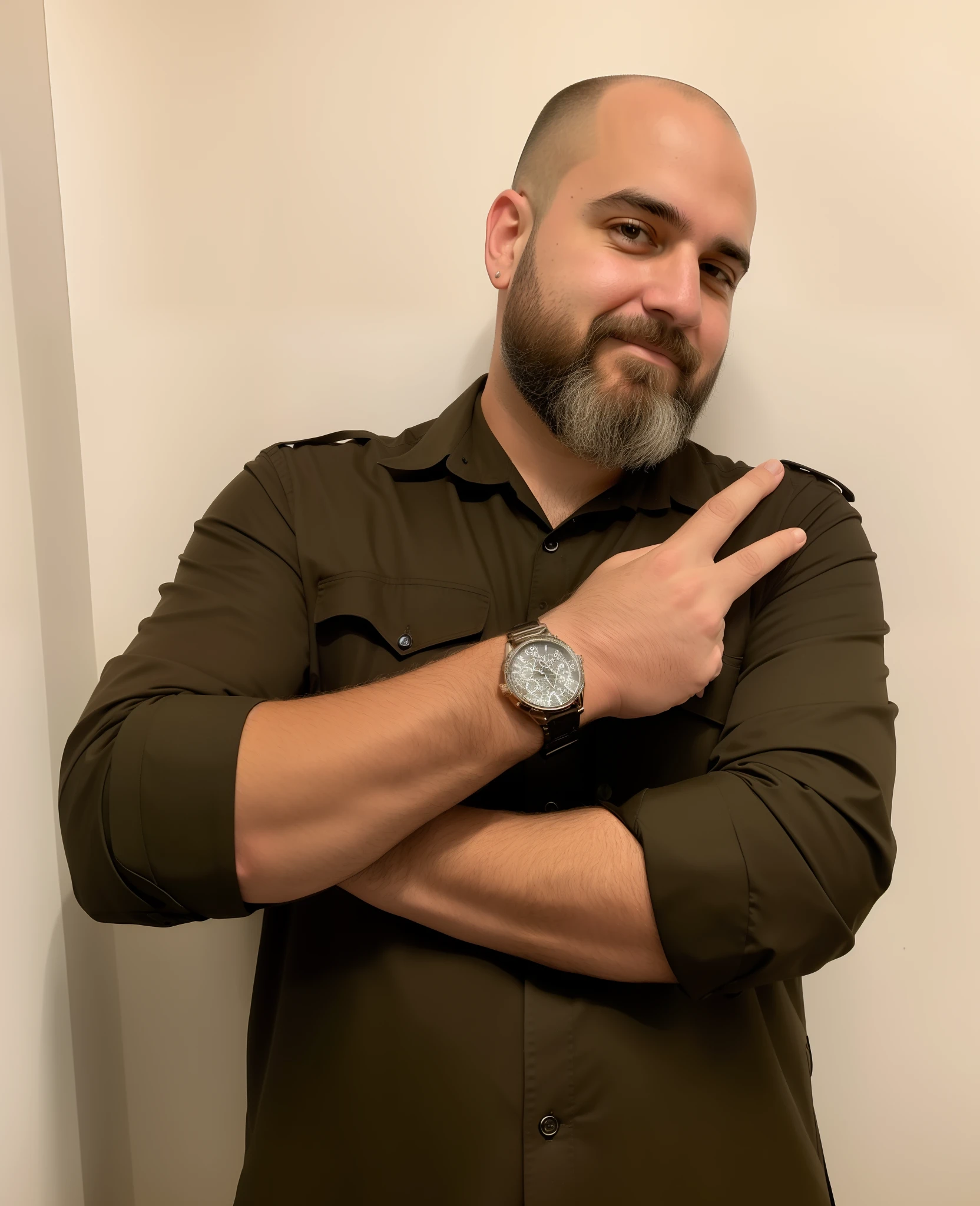 there is a man with a beard and a watch on his wrist, posing with crossed arms, usando faixa presidencial, arms crossed on chest, inspirado em Glen Angus, Marcos Schultz, inspirado em Tim Okamura, Vinheta pesada!, closeup estilo gesto pesado, Estilo de Greg Rutkowski, wearing a watch, retrato do homem robusto, inspirado em Brian 'Chippy' Dugan