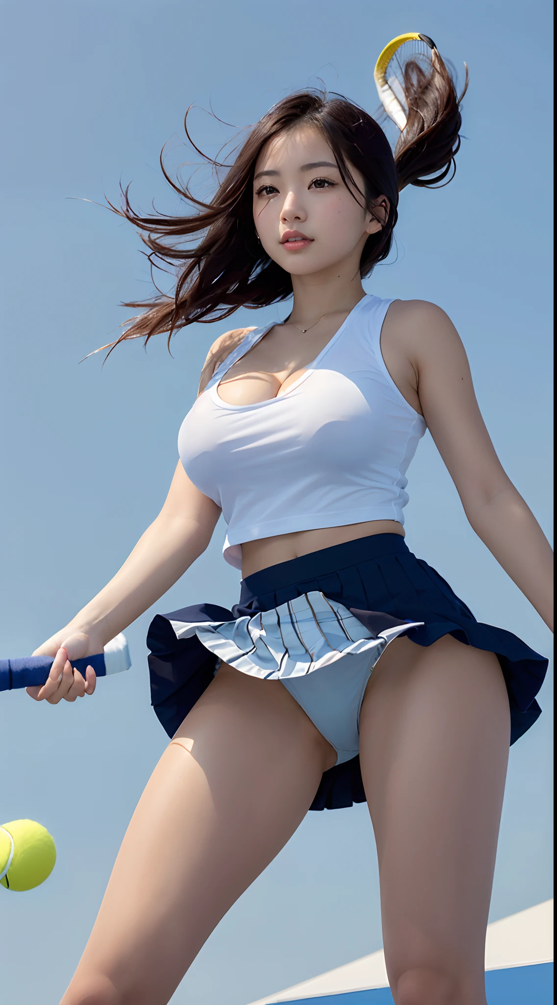 (in 8K、超A high resolution、Best Quality、Photorealsitic、masuter piece、The ultra -The high-definition、top-quality:1.1),(18year old:1.1)(hi-school girl、Tennis Wear、White pleated mini skirt、Black T-back、Hide all breasts、quite massive chest、Pretty big breasts、toned body:1.3)(Black hair short bob、Japan Cute Woman、Brown skin with a pretty tan:1.23)、Cute smile、(Open your legs quite wide to the side、Bend your knees quite large to the side、(Hit a tennis ball back with a racket):1.28)(windy up skirt、up skirt panties、Miniskirt fluttering in the wind:1.5)(High School Tennis Courts、espadrilles、sun visor、tanned brown skin、Short Bob:1.1)