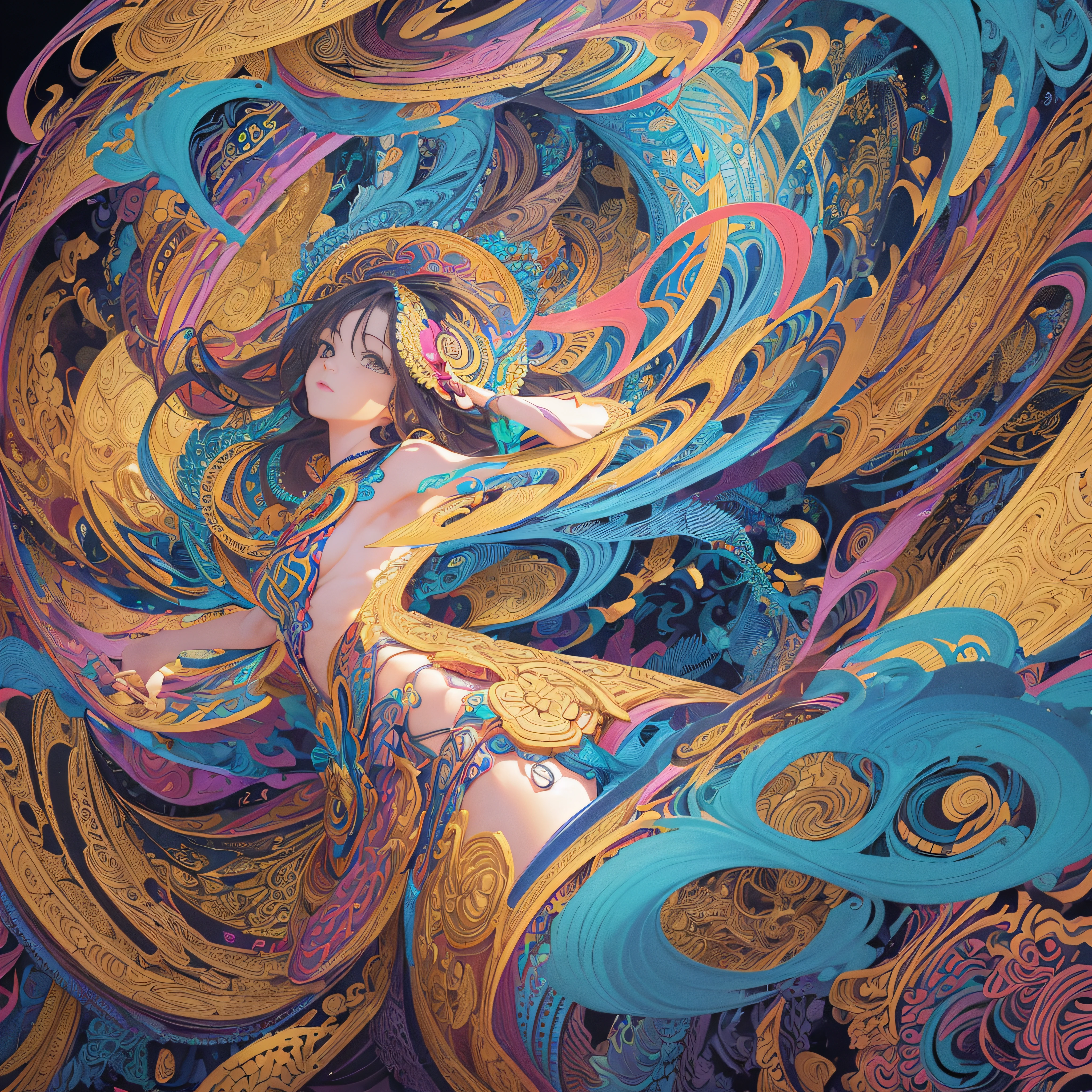 ((masutepiece:1.2, Best Quality)), ultra-detailliert, Ultra-precise depiction, Ultra-detailed depiction, (Zentangle:1.2), (Dynamic Pose), (Abstract background:1.5), Wavy long hair, 1girl in, Colorful, Portrait, (frombelow:1.2)