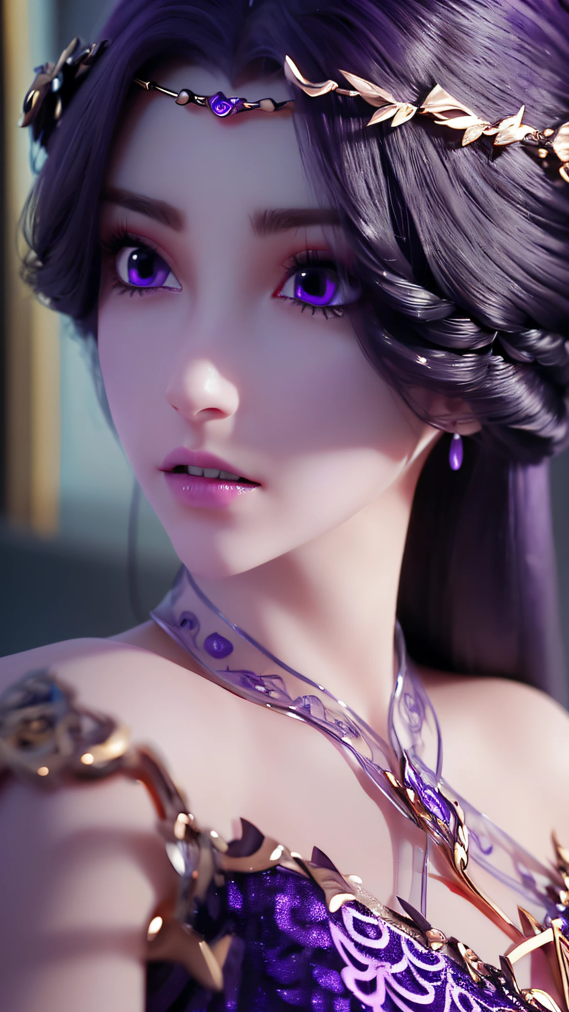A beautiful and sexy 20 year old girl, Very sexy girl in thin strapless purple pajamas, Purple silk dressing gown,Sexy lace trim, Long purple hair and bangs, and jewels. Thinnest、The most beautiful hair, ((Wear a purple lace necklace: 1.6)), Super cute little face, very pretty look face, Sparse eyebrows, beautiful and flawless face, (black eye pupil: 0.8)), verybeautifuleyes, ((Purple eyes:1.4)), Beautiful makeup and fine eyelashes, High nose, Earrings, Red lips, ((Closed mouth:1;5 )) Beautiful lips, Slim arms, The most beautiful thighs, ((2 arms spread out to the sides: 1.5)), Rosy face, Clean face, flawless and beautiful face, Smooth white skin, (Big chest: 1.5)), ((Protruding breasts: 1.5)), Plump breasts, The beautiful, ((Large, Round breasts: 1.8)), ((Ultra-tight breasts: 1.5)), Beautiful breasts, 2 hands behind your back, The upper body of a beautiful girl, 8k photograph, Super high quality, Super realistic, 10x Super Pixel, Realphotos, Dark Studio, Light border, Two-tone light color, (High detail skin: 1.2), Super 8K, Soft light, High quality, volumettic light, Realistic, Photo, high resolution, Light, best photos, 4K, 8K quality, blurry effect, Smooth and sharp, 10 x pixels, (milky ways: 1.7) ), extreme light, Lightning, Surreal graphics, The most realistic graphics, Alone, Solo, Extremely sharp, surreal image, (((Frontal portrait :1.2) ))."