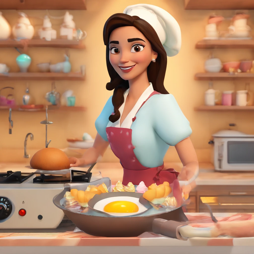 Crie uma cena de desenho animado estilo 3d -Pixar, com a personagem sendo a Thayssa. Thayssa lembra um pouco a Pocahontas. Make a 25-year-old baker, Black hair at the roots with blonde lighting, longo e liso, penteado partido no meio. olhos um pouco puxados e sombrancelha fina e levemente arqueada. Um lindo nariz em uma boca media e sorrindo. Make it with a pastry outfit holding an egg beater. Do it in a candy shop setting with the title Thayssa's Delights, melhor qualidade, maior qualidade. She's cooking dressed as a pastry chef.