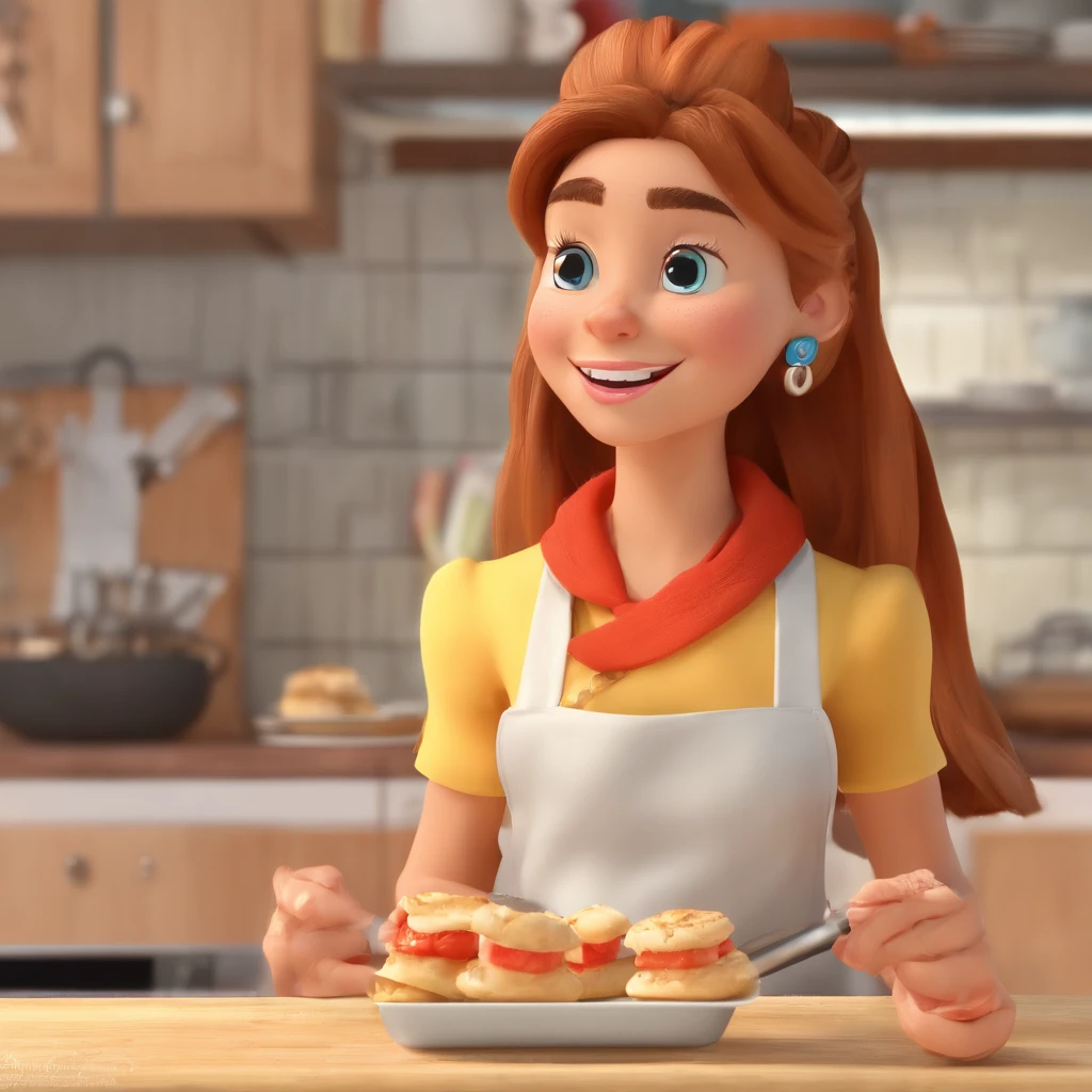 Crie uma cena de desenho animado  estilo 3d -Pixar,  com a personagem sendo a Thayssa. Thayssa lembra um pouco a Pocahontas. Make a 25-year-old baker, Black hair at the roots with blonde lighting, longo e liso, penteado partido no meio. olhos um pouco puxados e sombrancelha fina e levemente arqueada. Um lindo nariz em uma boca media e sorrindo. Make it with a pastry outfit holding an egg beater. Do it in a candy shop setting with the title Thayssa's Delights, melhor qualidade, maior qualidade. She's cooking dressed as a pastry chef.