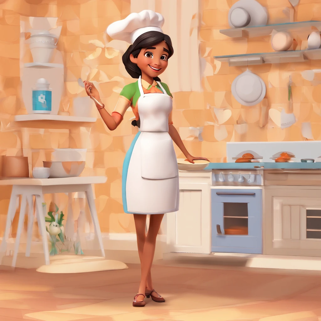 Crie uma cena de desenho animado  estilo 3d -Pixar,  com a personagem sendo a Thayssa. Thayssa lembra um pouco a Pocahontas. Make a 25-year-old baker, Black hair at the roots with blonde lighting, longo e liso, penteado partido no meio. olhos um pouco puxados e sombrancelha fina e levemente arqueada. Um lindo nariz em uma boca media e sorrindo. Make it with a pastry outfit holding an egg beater. Do it in a candy shop setting with the title Thayssa's Delights, melhor qualidade, maior qualidade. She's cooking dressed as a pastry chef.