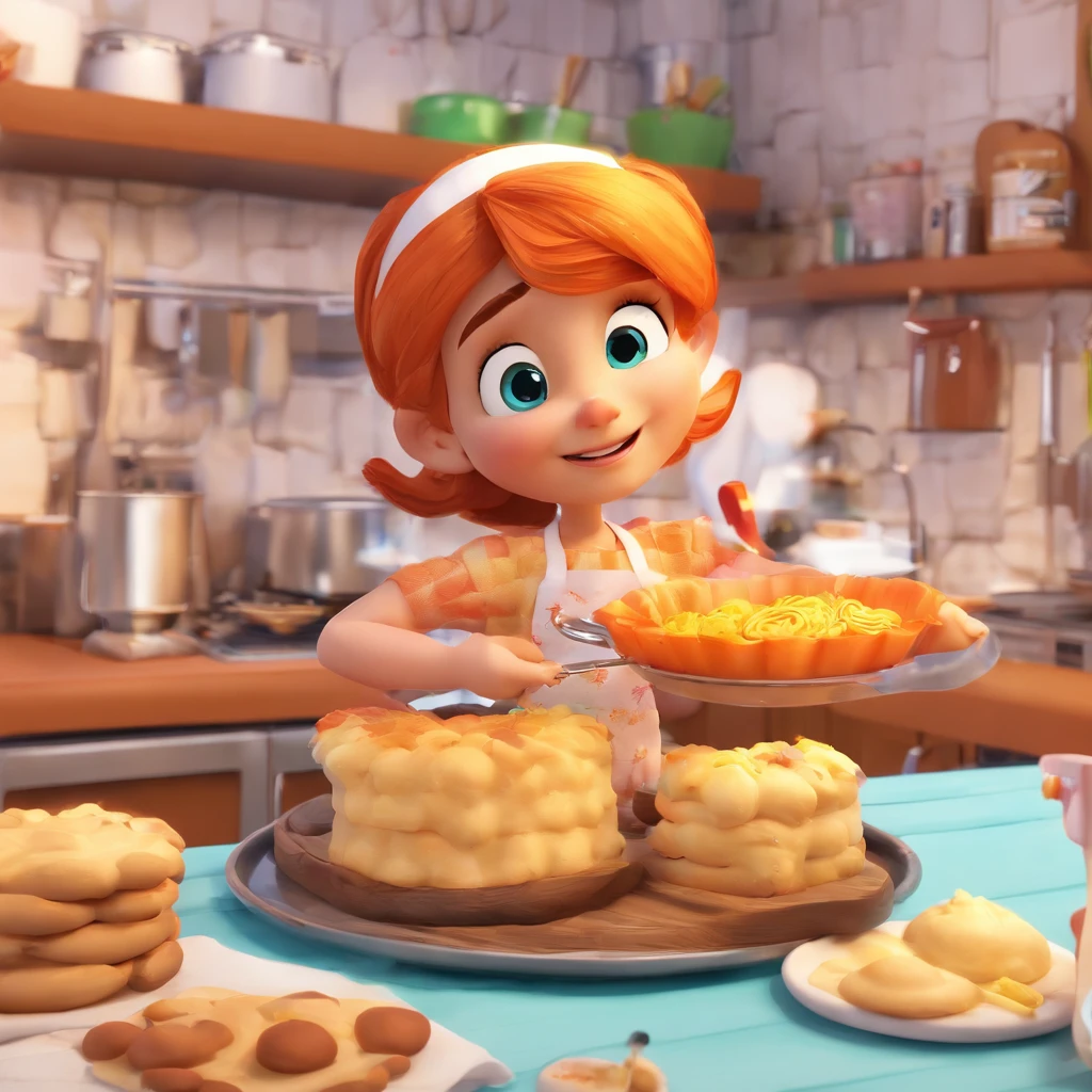 Crie uma cena de desenho animado estilo 3d -Pixar, com a personagem sendo a Thayssa. Thayssa lembra um pouco a Pocahontas. Make a 25-year-old baker, Black hair at the roots with blonde lighting, longo e liso, penteado partido no meio. olhos um pouco puxados e sombrancelha fina e levemente arqueada. Um lindo nariz em uma boca media e sorrindo. Make it with a pastry outfit holding an egg beater. Do it in a candy shop setting with the title Thayssa's Delights, melhor qualidade, maior qualidade. She's cooking dressed as a pastry chef.