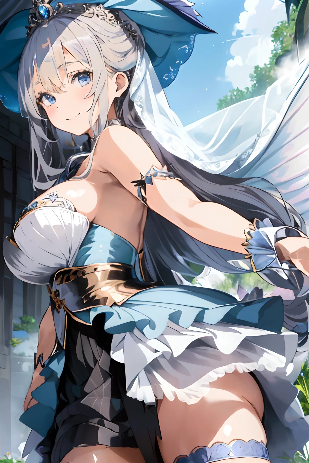 A girl with a dignified appearance,Luxurious and voluminous clothes like aristocracy,Silver and pale blue crown and veil,Side asymmetrical skirt,a blond,Blue eyes,Large fairy wings grow from the back,He has a very happy smile on his face,He had a long cane,、Beyond that, There are big gems,