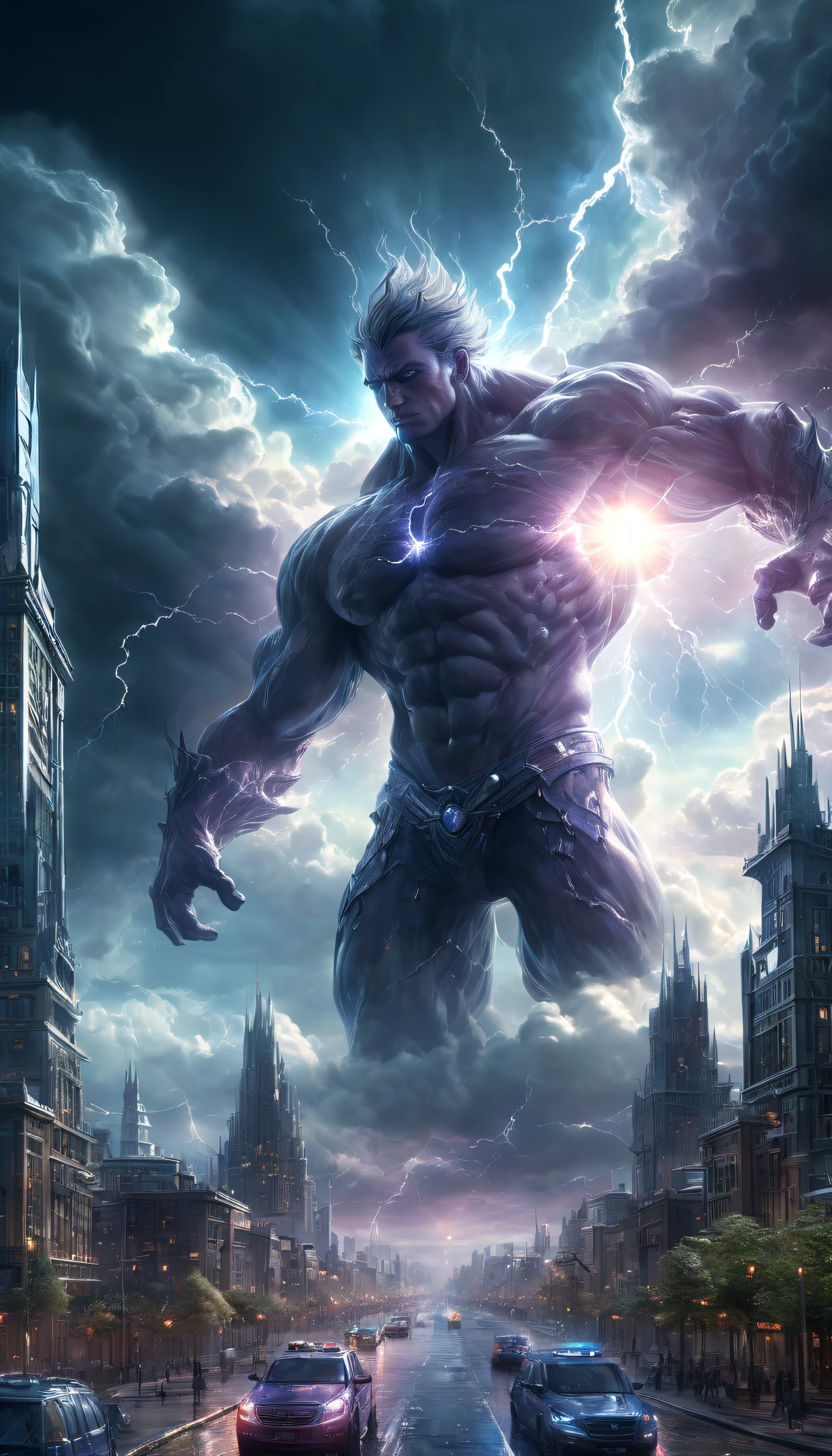 (Digital art),DonMC3l3st14l3xpl0r3rsXL city,Emerging,Cloud giants,huge creature,Stormy skies,dramatic lights,A unique perspective,Ethereal,Overwhelming presence,Complicated details,Majestic,Majestic figure,Dynamic posture,Muscular physique,sunlight penetrates the clouds,Ominous atmosphere,Huge hands surround the sky,Towering over the landscape,Deep shadows and highlights,Impressive scale,Atmospheric perspective,Soft edges,Subtle gradients、mystical aura、Awesome anatomy、Intricate colors、Colors blend seamlessly、Undulating muscles、Churning clouds、Tendrils of mist、charming scene of a、Moist air、magic realism、Fabulous creatures,evokes a sense of wonder,Unleash your imagination。(Best quality at best,high rise,tmasterpiece:1.2,super-fine,realisticlying:1.37)。A sudden flash of lightning illuminated everything for a second,He was struck by lightning and died。