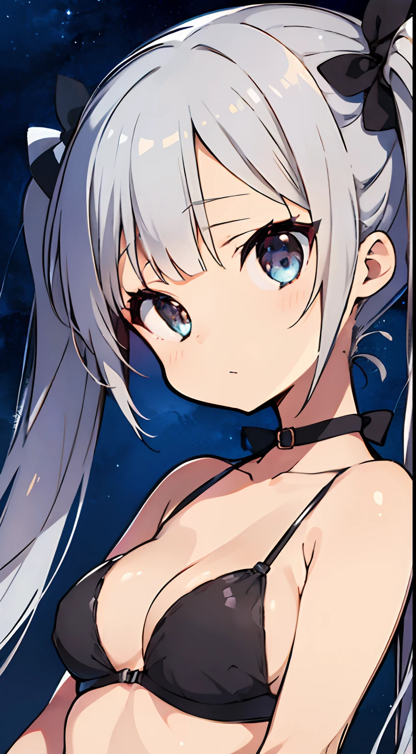 (NSFW),masutepiece, Best Quality, Ultra-detailed,(Lori),sel anime,anime moe art style,animated style illustration, (Beautiful eyes), ((Cute)), Cute, (lovely),Shiny skin,超A high resolution,1 girl,Blunt bangs,Twintail,((Silver hair)),small tits,the beach(You need to show off your black bikini to the audience),detailed tits,de pele branca,Beautiful cleavage