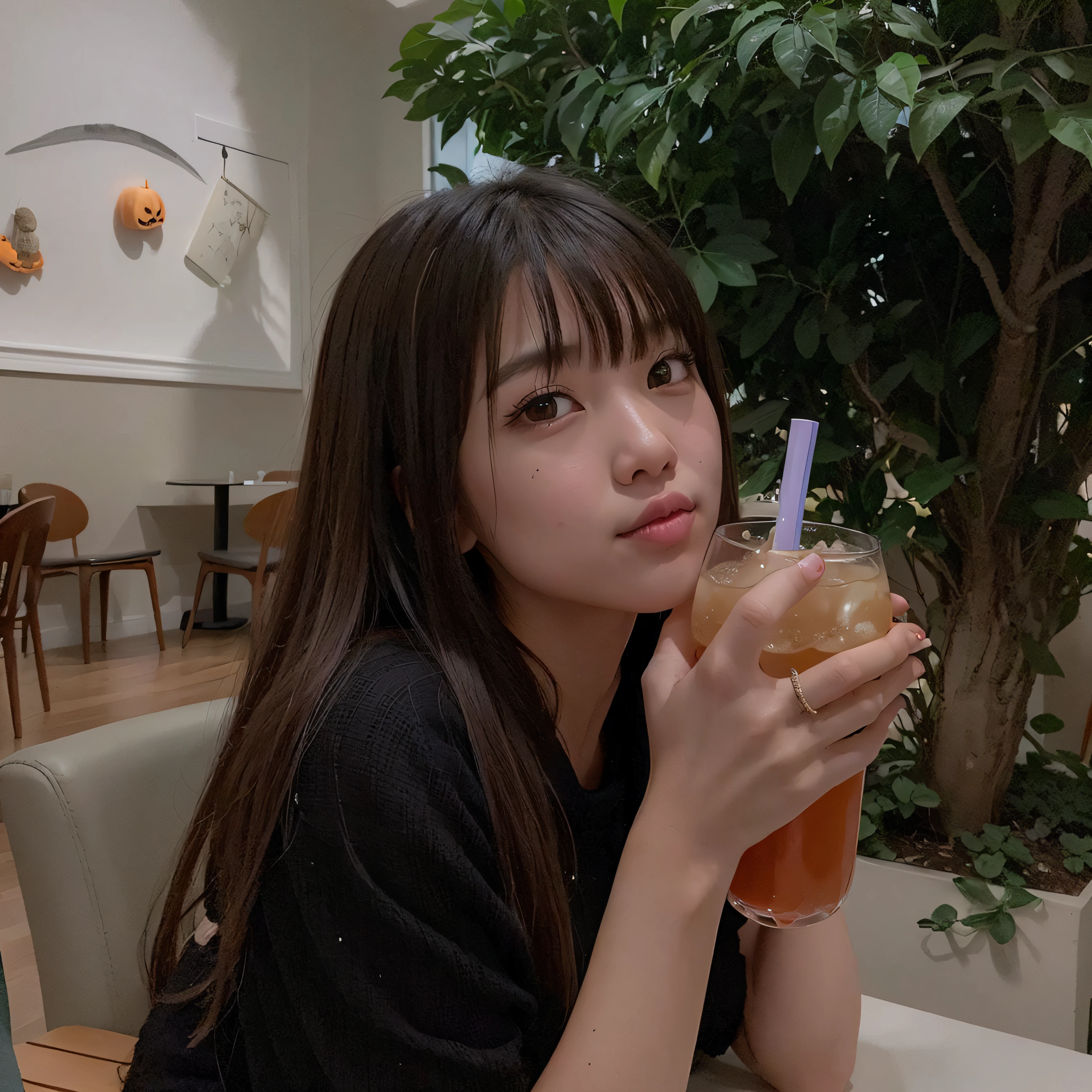 there is a woman sitting at a table with a drink, ulzzang, dang my linh, lalisa manobal, with a drink, ruan cute vtuber,  with long hair, straw, with bangs, 19-year-old girl, 🤤 girl portrait, lofi girl, sakimichan, jaeyeon nam, (((halloween,)))