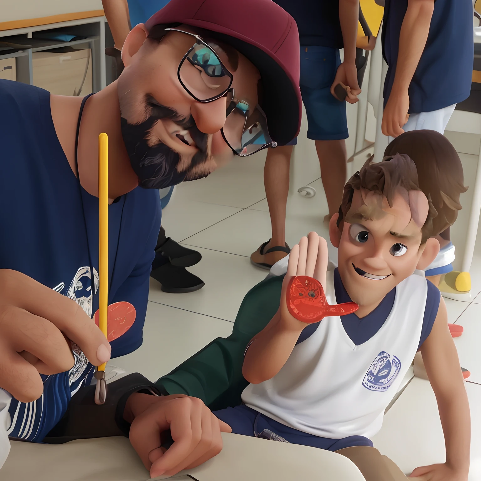 quero um desenho de um homem de 30 anos sorrindo, com barba e cabelos preto e oculos quadrado sendo professor em pixar disney