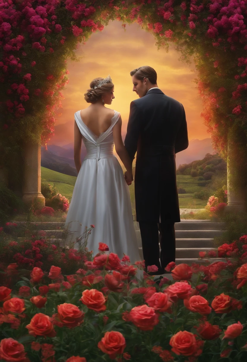 image of two silhouetted figures - one representing Anne and the other representing Marco - standing in a tranquil garden, com um convento ao fundo. The sky would be painted in shades of purple and pink, suggesting a romantic and dramatic sunset. The figures would be holding hands, with an expression of longing and tenderness in its contours. The title of the book, "Entre o Sagrado e o Proibido", estaria escrito em letras douradas e elegantes, em destaque no topo da capa.