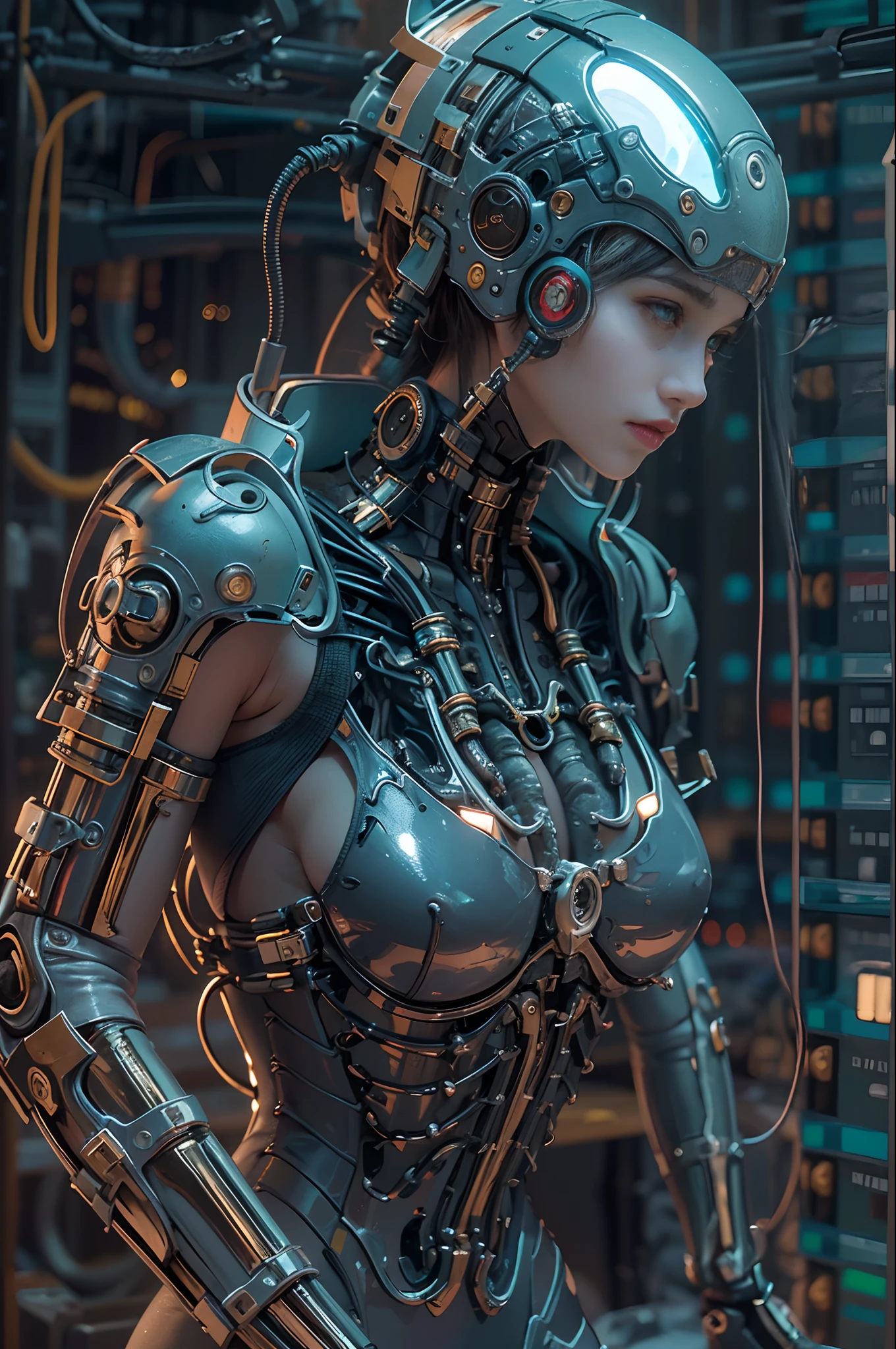 Girl crouching on her back with a real mechanical body, wires coming out of her back, bringing her hands to her head, Connectors coming out of the back of her head, human capsules in the background, Matrix reference, Gears on display, Human and android parts, big ass, {paper extremely detailed 8k CG unit wall image}, expansive landscape photography, (an overhead view with focus on the character and setting), (wide open field view), (high angle shot), (high light: 1.4 ), (low light: 1.3), (warm light source: 1.2), complex details, (iridescent colors: 1.2), (bright lighting), (atmospheric lighting), Surreal, Mechanical, dreamy