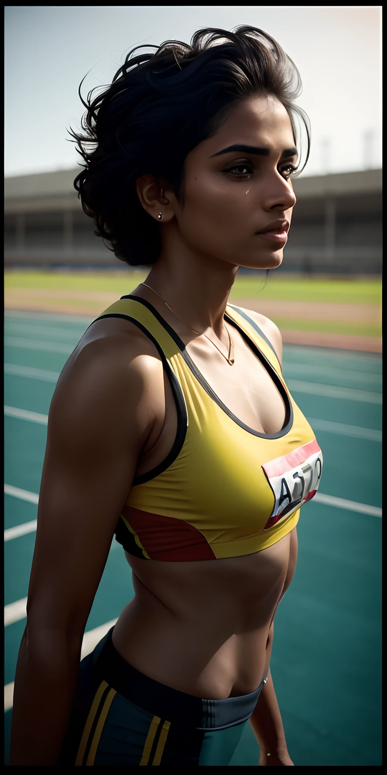 Sexy beautiful mature Indian college girl, in track outfit, outside on track field, ((slim, petite)), photorealistic, photo, masterpiece, realistic, realism, photorealism, high contrast, photorealistic digital art trending on Artstation 8k HD high definition detailed realistic, detailed, skin texture, hyper detailed, realistic skin texture, armature, best quality, ultra high res, (photorealistic:1.4),, high resolution, detailed, raw photo, sharp re, by lee jeffries nikon d850 film stock photograph 4 kodak portra 400 camera f1.6 lens rich colors hyper realistic lifelike texture dramatic lighting unrealengine trending on artstation cinestill 800,