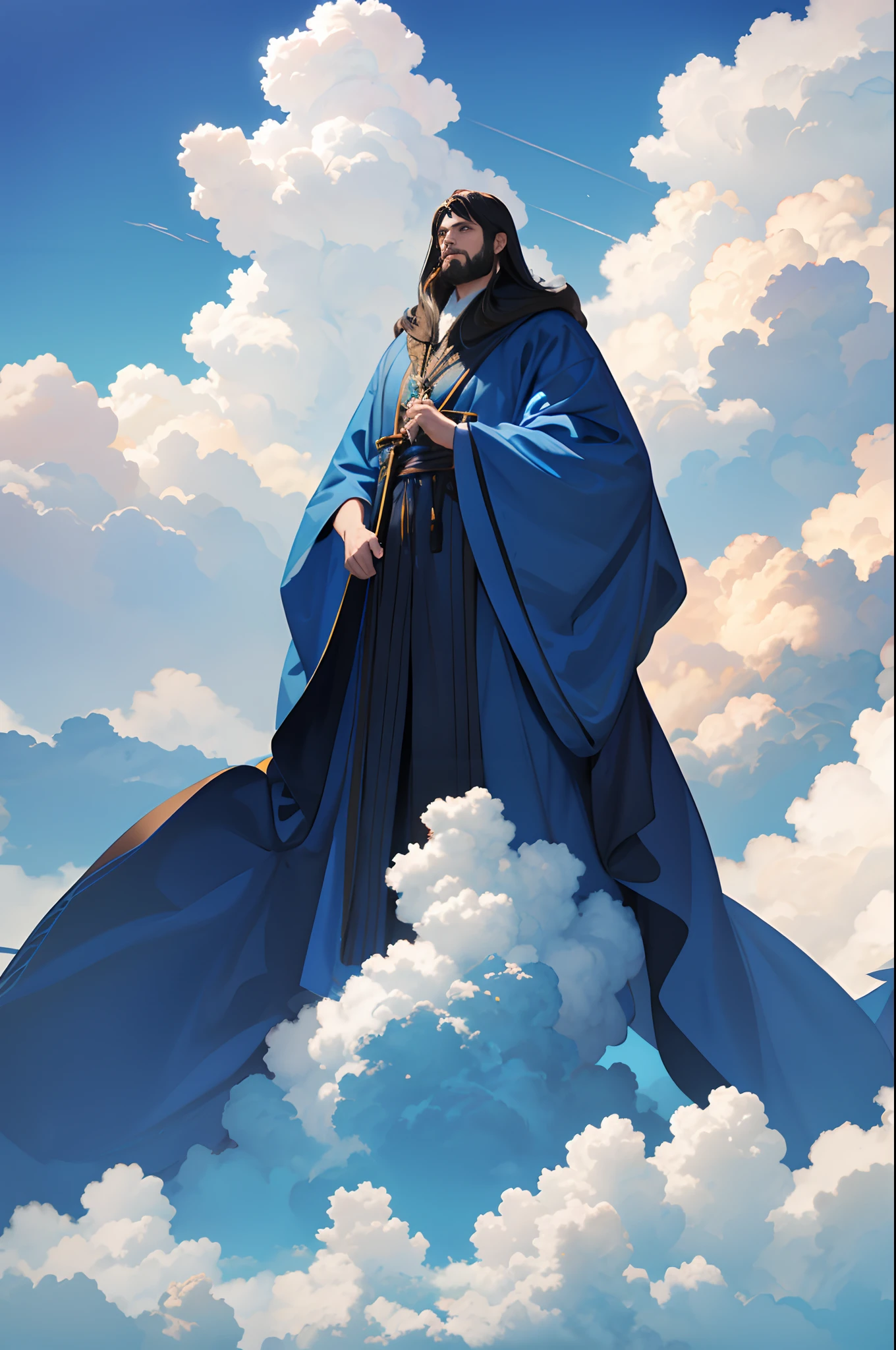 a Giant man in blue robe, towering creature, in the cloud