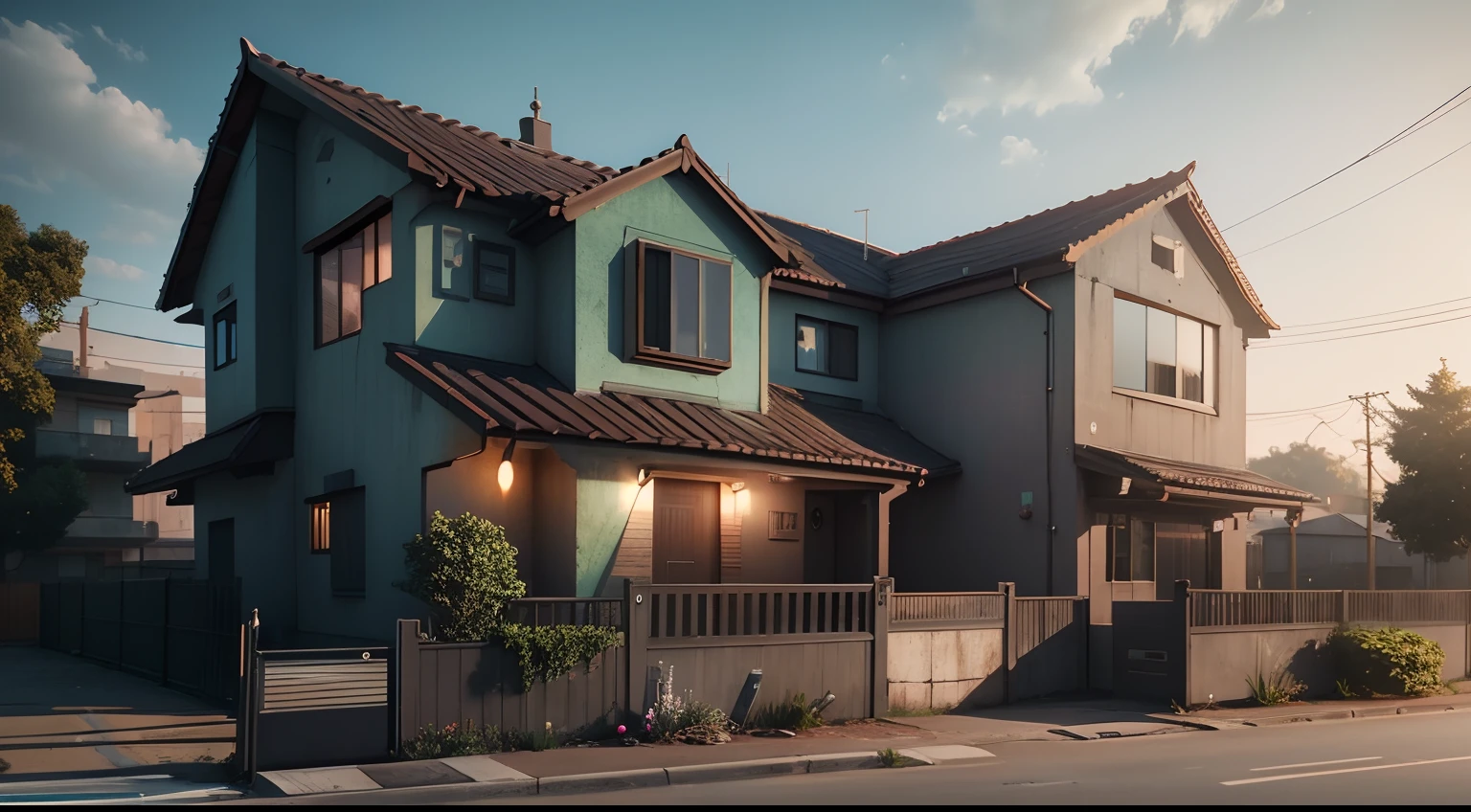 Exterior view of a cyberpunk home, vibrant, photorealistic, realistic, dramatic, dark, sharp focus, 8K