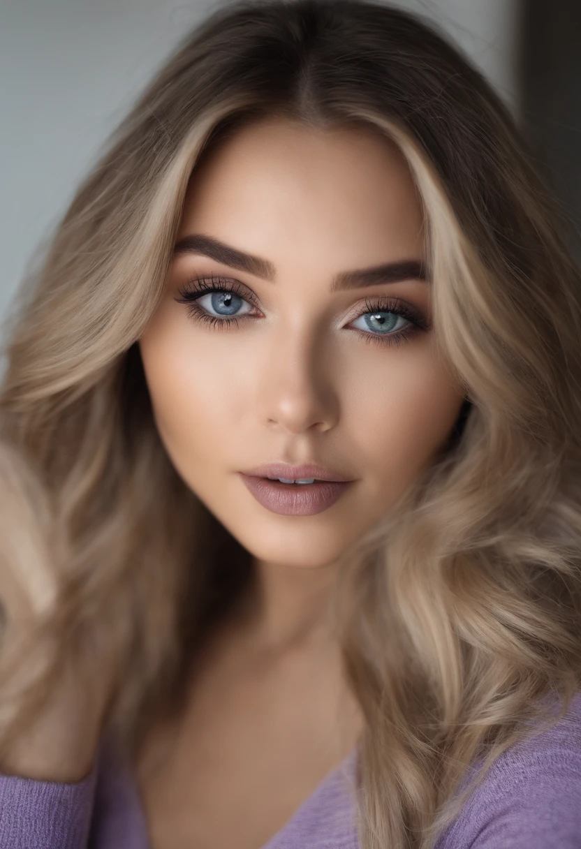 Arafed woman completely , fille sexy aux yeux bleus, ultra realist, Meticulously detailed, Portrait Sophie Mudd, cheveux blonds et grands yeux, selfie of a young woman, Yeux de chambre, Violet Myers, sans maquillage, maquillage naturel, looking straight at camera, Visage avec Artgram, Maquillage subtil, Great photo of the whole body kneeling on the bed, dans la chambre, Buste de grande taille