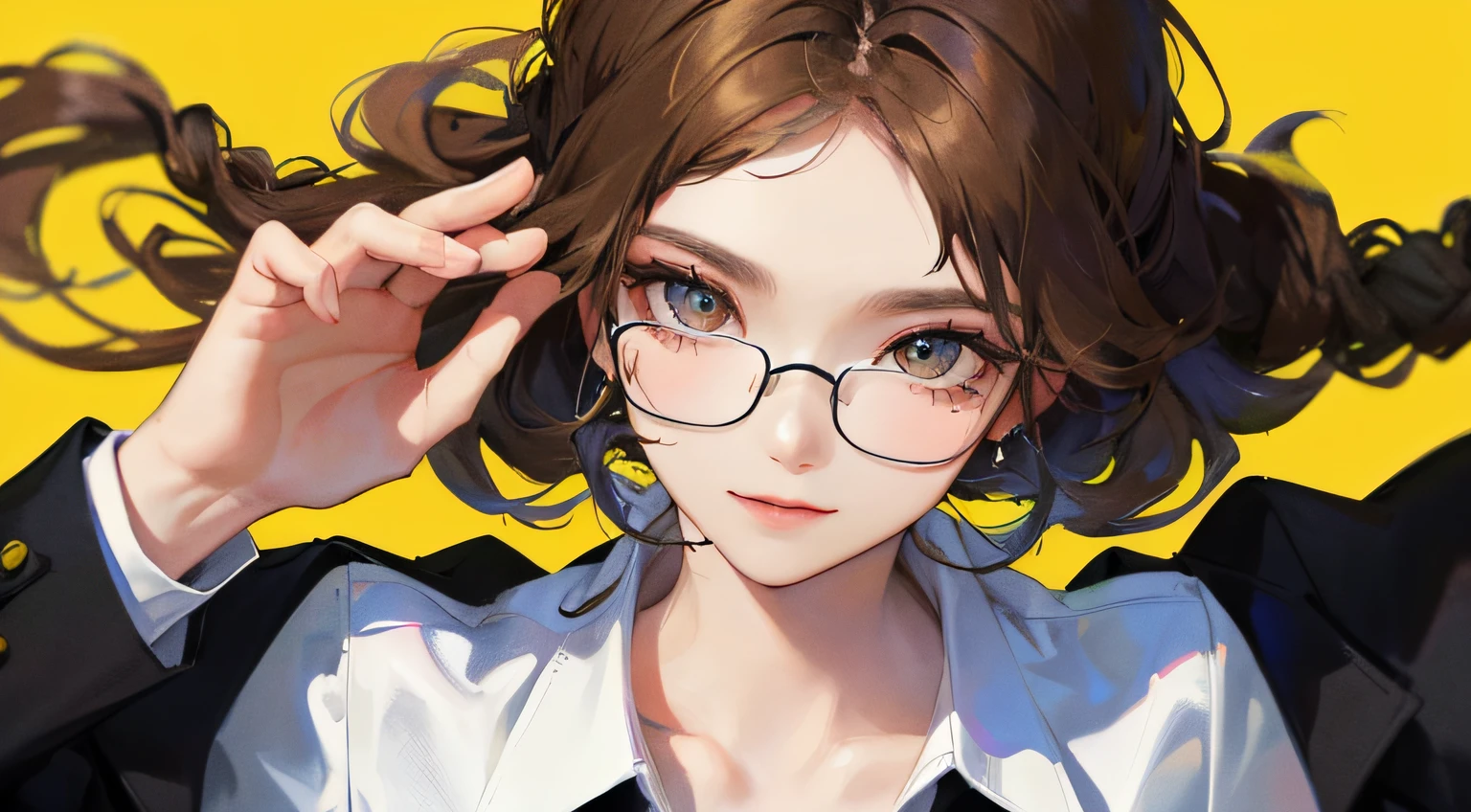 (((1人の女性)))、(Top resolution、Distinct_image) best qualtiy、((Half-naked black suit jacket)),(((kirakira)))、contrasts of light and shadow、eye glass、Simple yellow background、((Soaring light))、((illuminating))、ighly detailed、Semi-realistic、Brown hair、Braided hairstyle、Smile、bangss、20yr old、Office Lady,,年轻、((White shirt))、((View from above))、delicated facial features、Facial features、